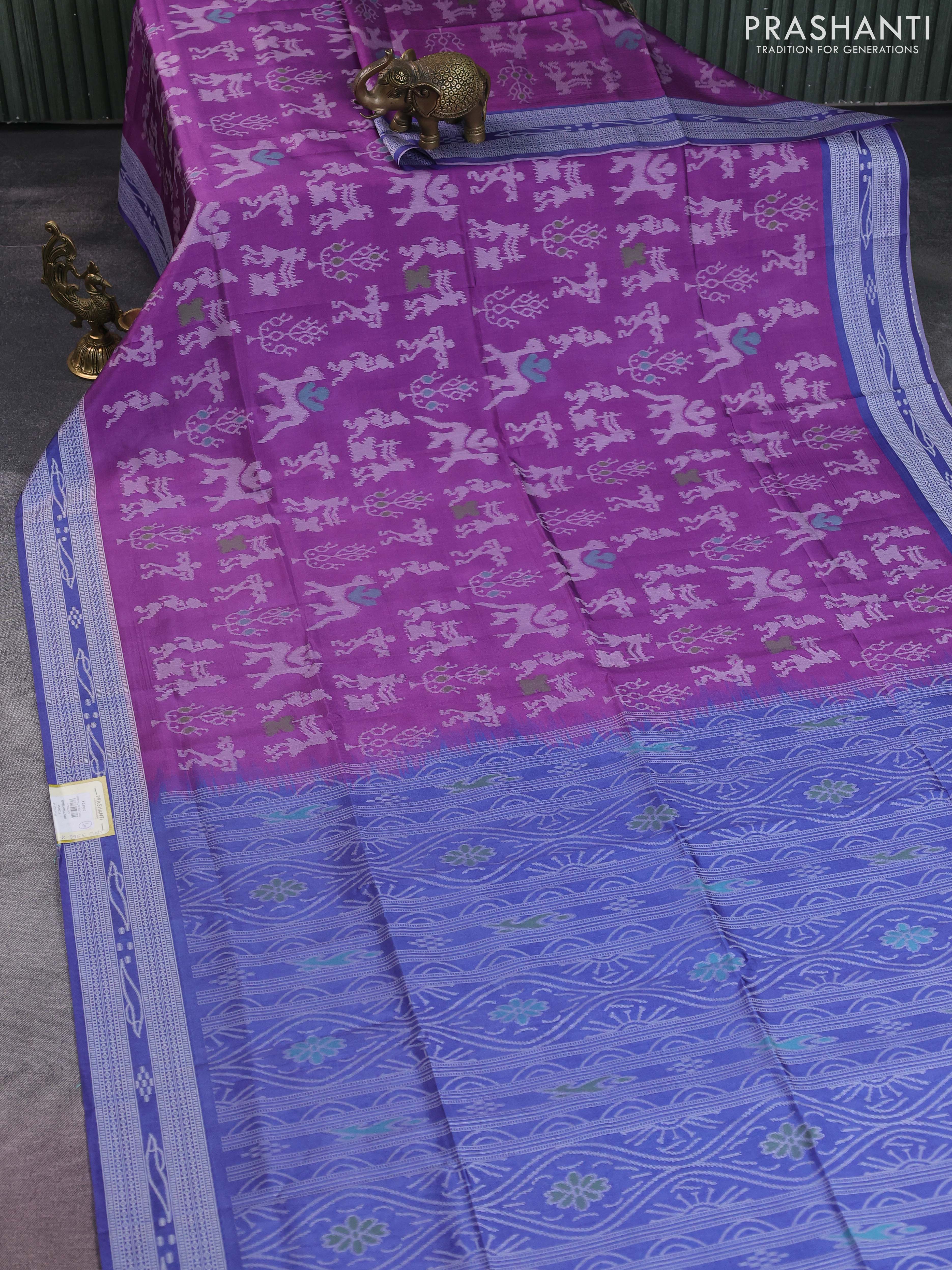 Sambalpuri semi silk saree purple shade and blue with allover warli ikat weaves and thread woven border - Image 2
