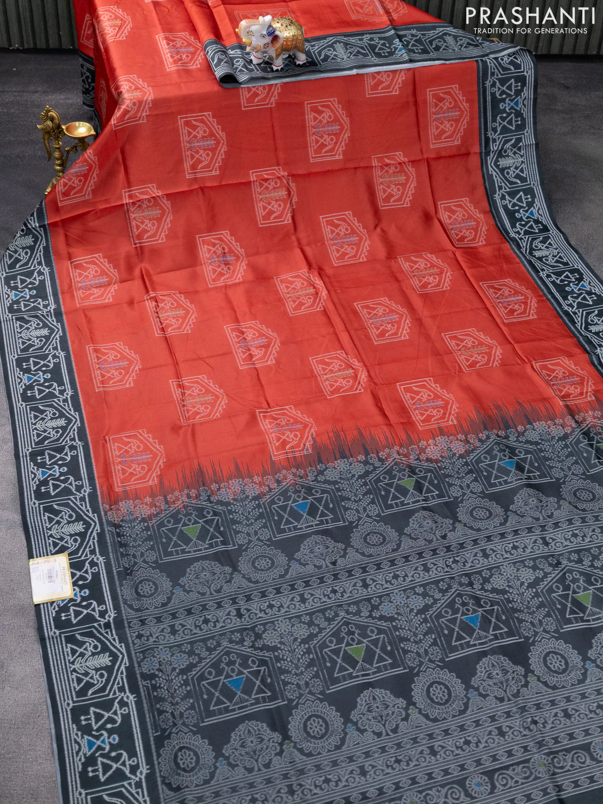 Sambalpuri semi silk saree red and elephant grey with allover thread woven ikat weaves and thread woven border - Image 2