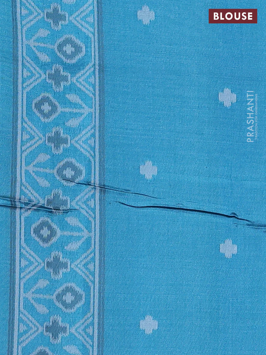 Sambalpuri semi silk saree red and pastel blue with allover ikat butta weaves and thread woven border - Image 3