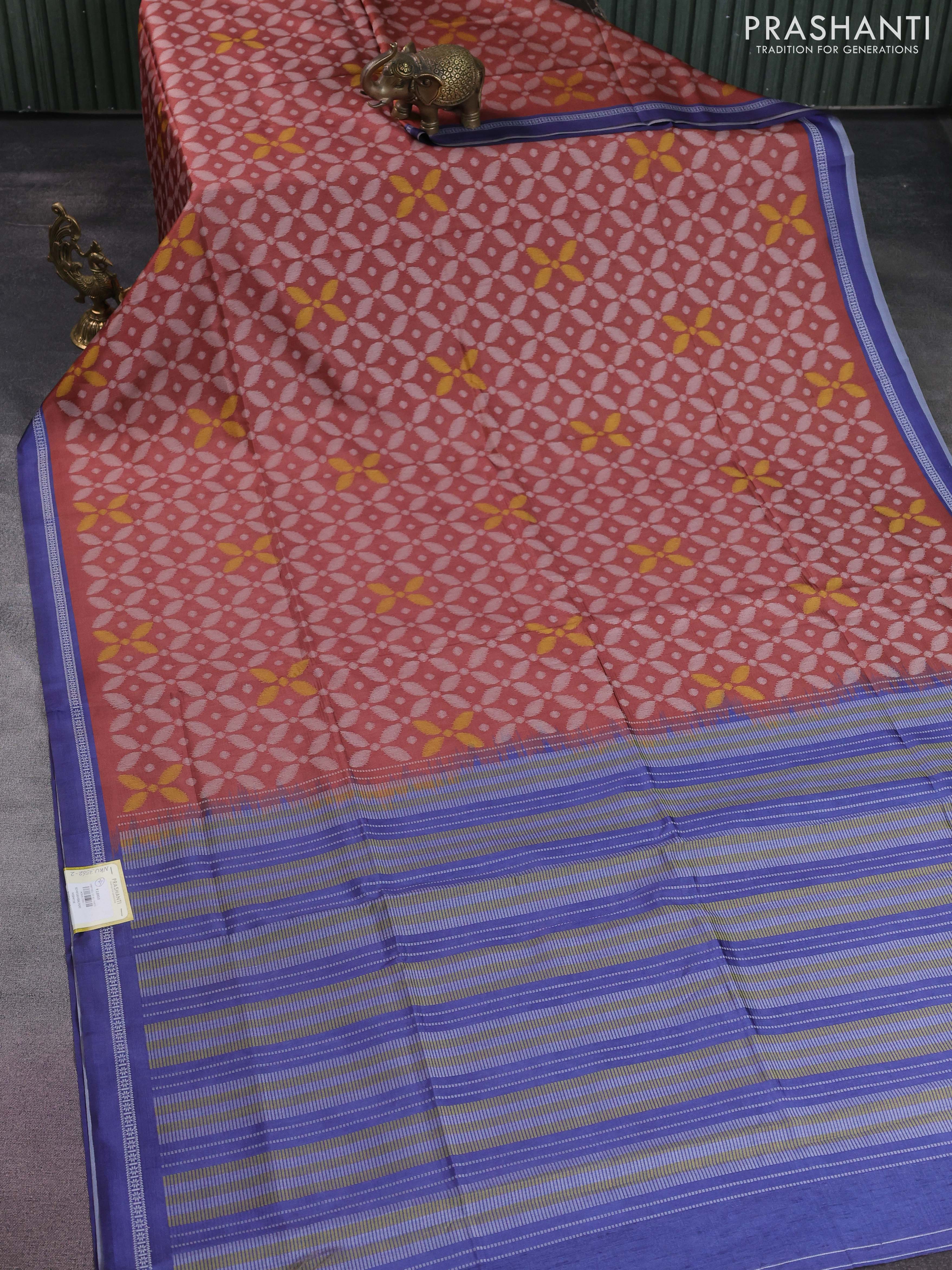 Sambalpuri semi silk saree rust shade and blue with allover ikat weaves and thread woven border - Image 2