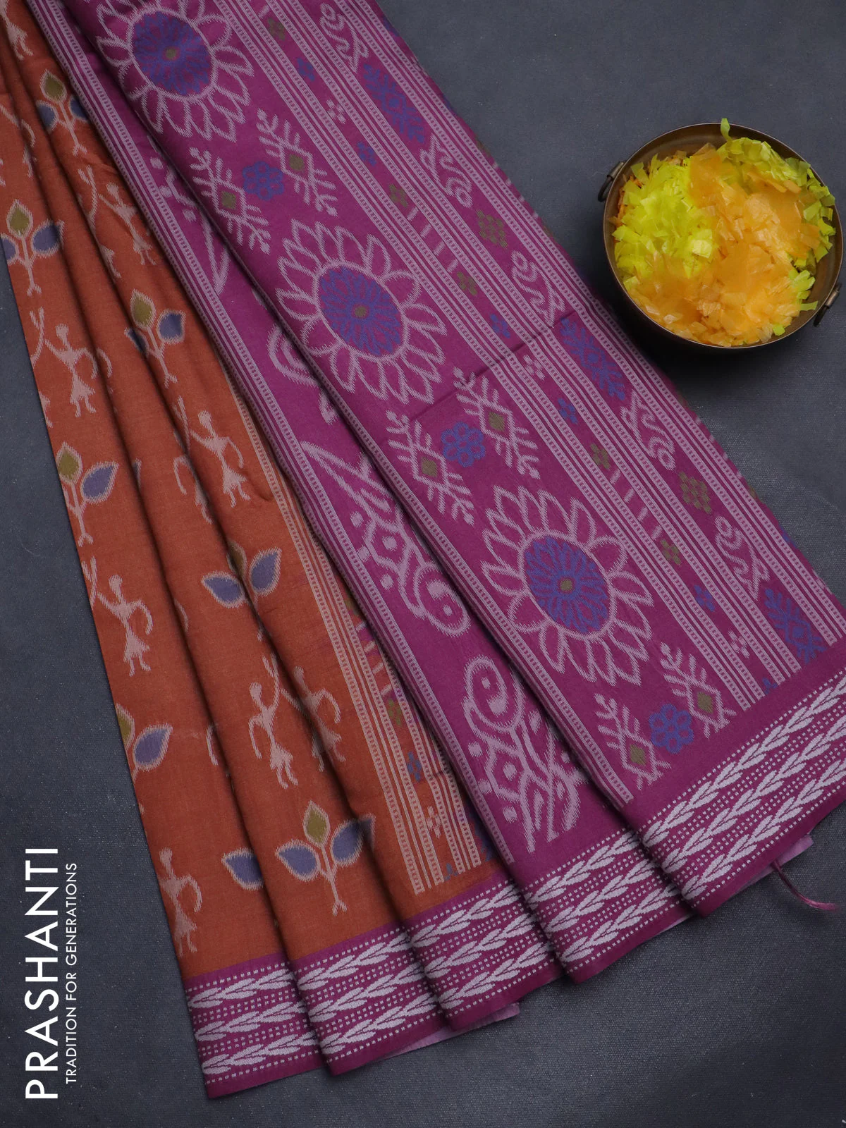 Sambalpuri semi silk saree rust shade and purple with allover ikat weaves and thread woven border