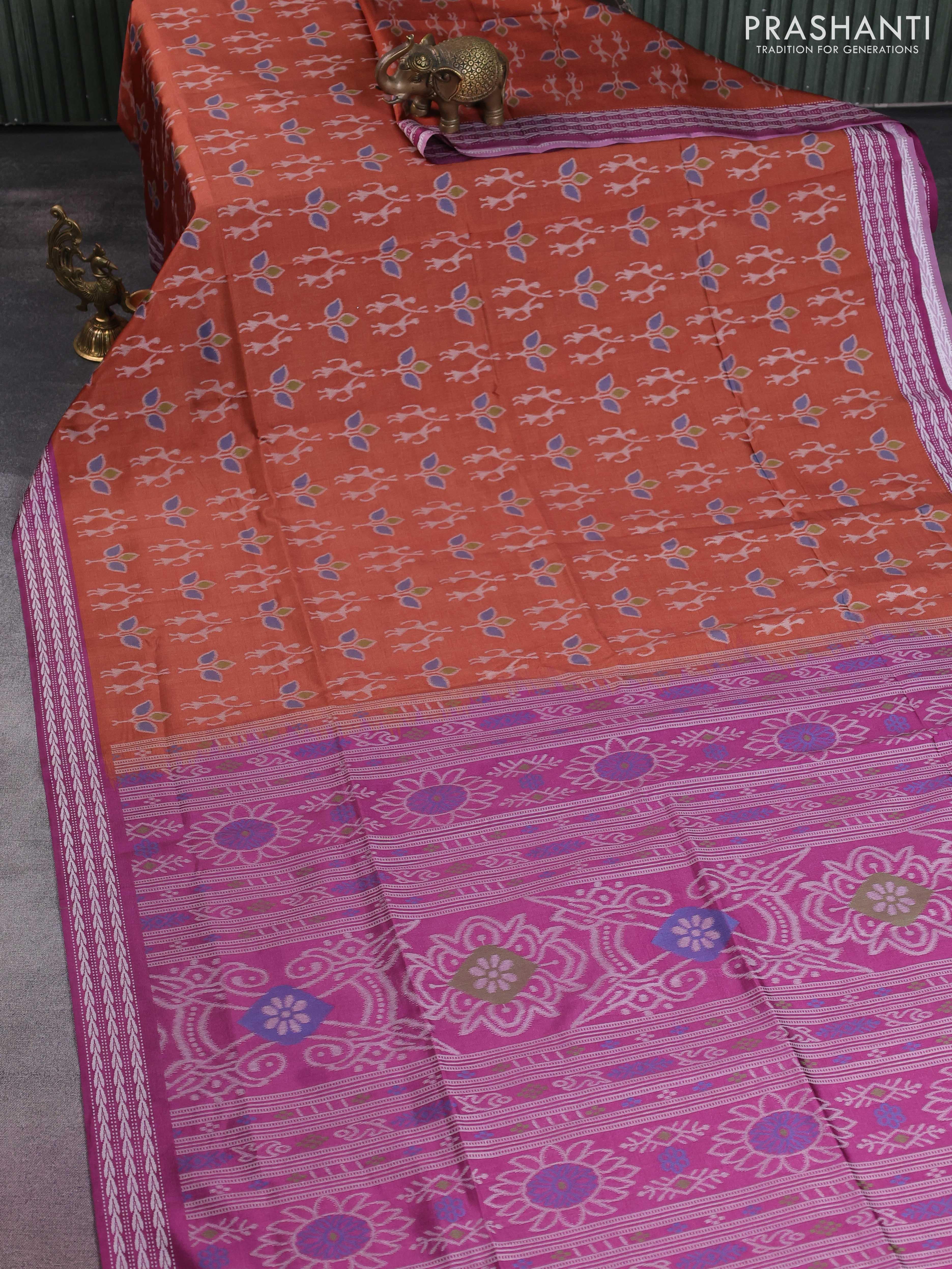 Sambalpuri semi silk saree rust shade and purple with allover ikat weaves and thread woven border - Image 2