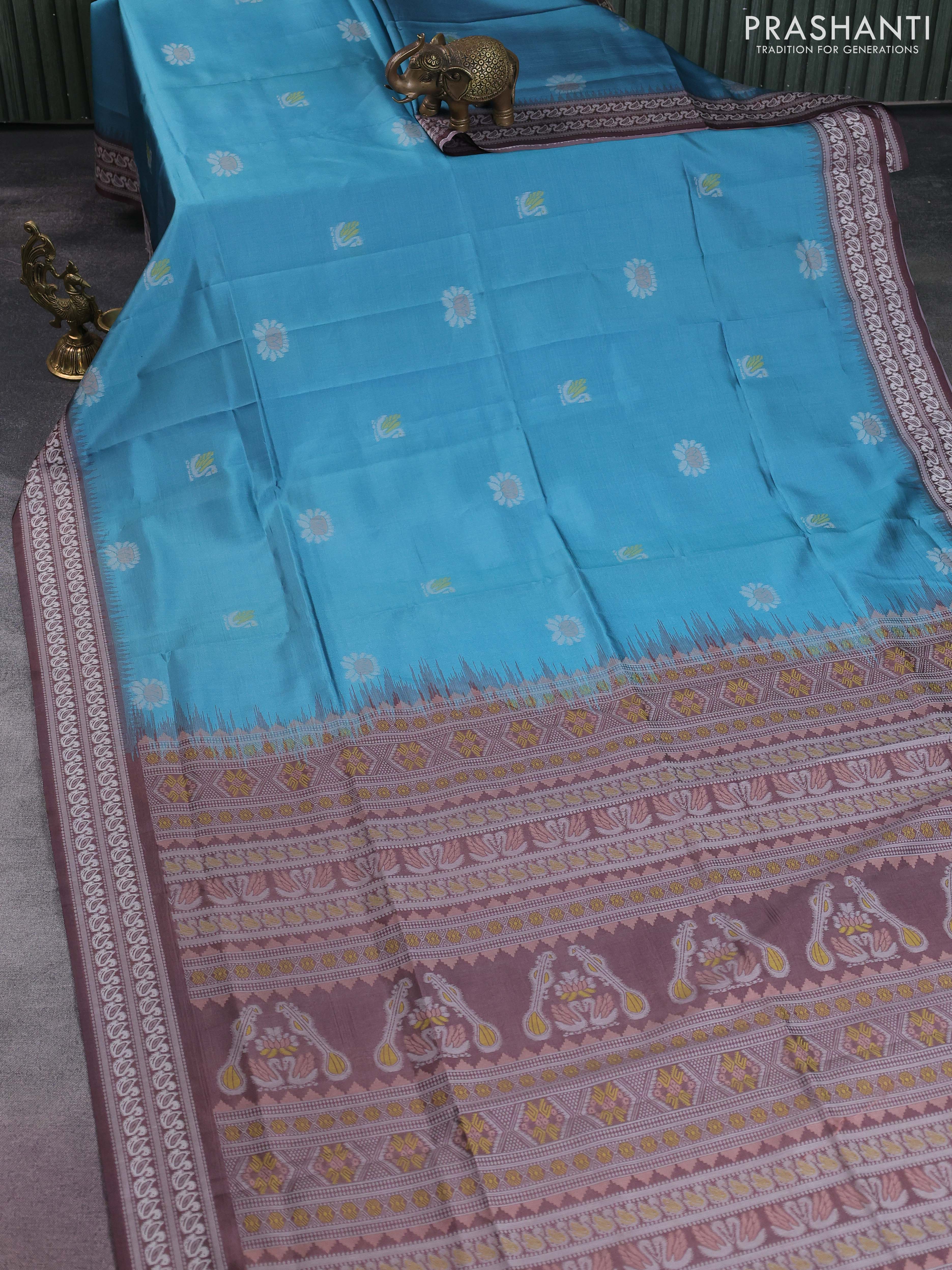 Sambalpuri semi silk saree teal blue and brown with allover ikat butta weaves and thread woven border - Image 2