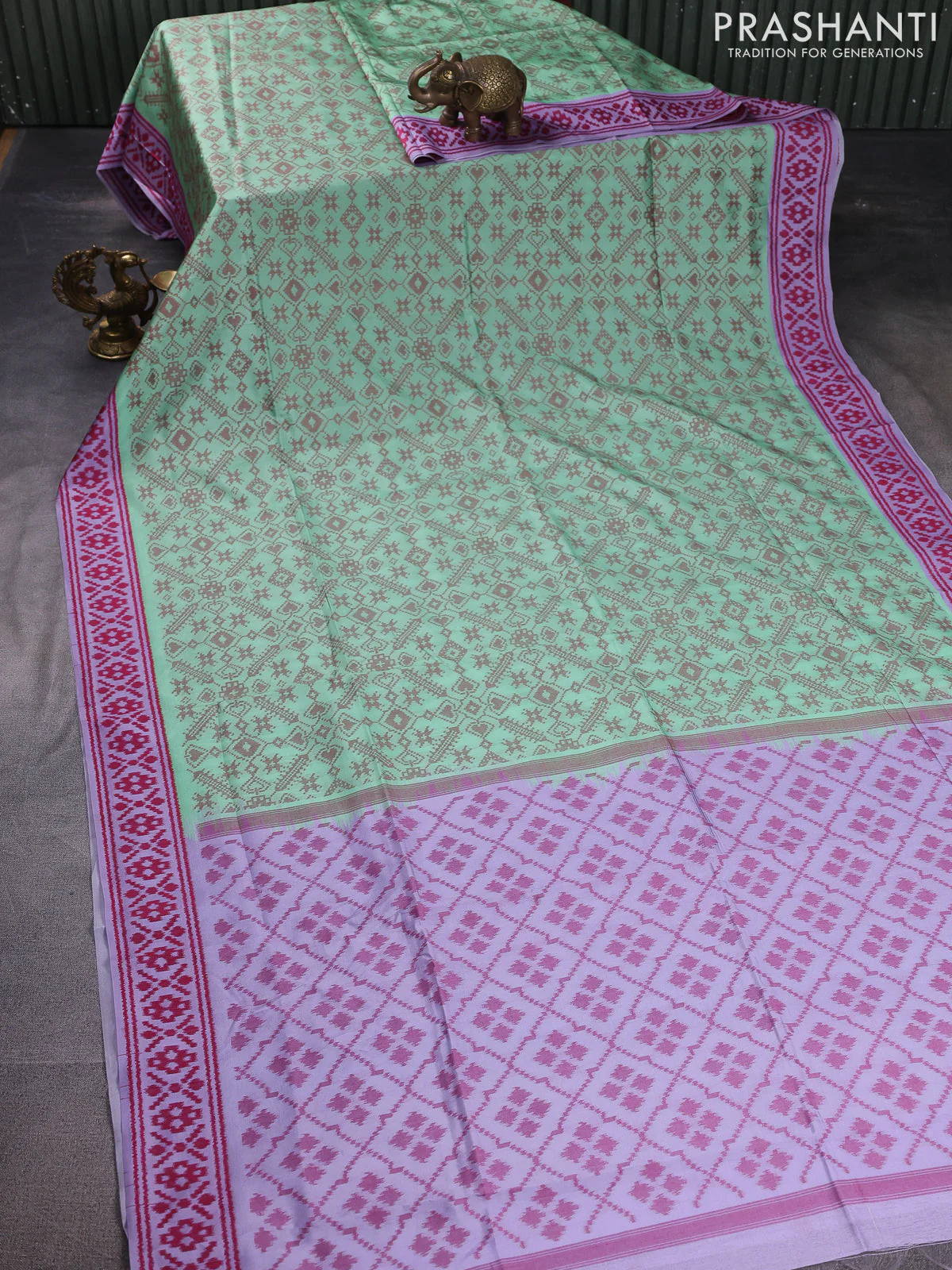 Sambalpuri semi silk saree teal green and lavender shade with allover ikat weaves and thread woven border - Image 2