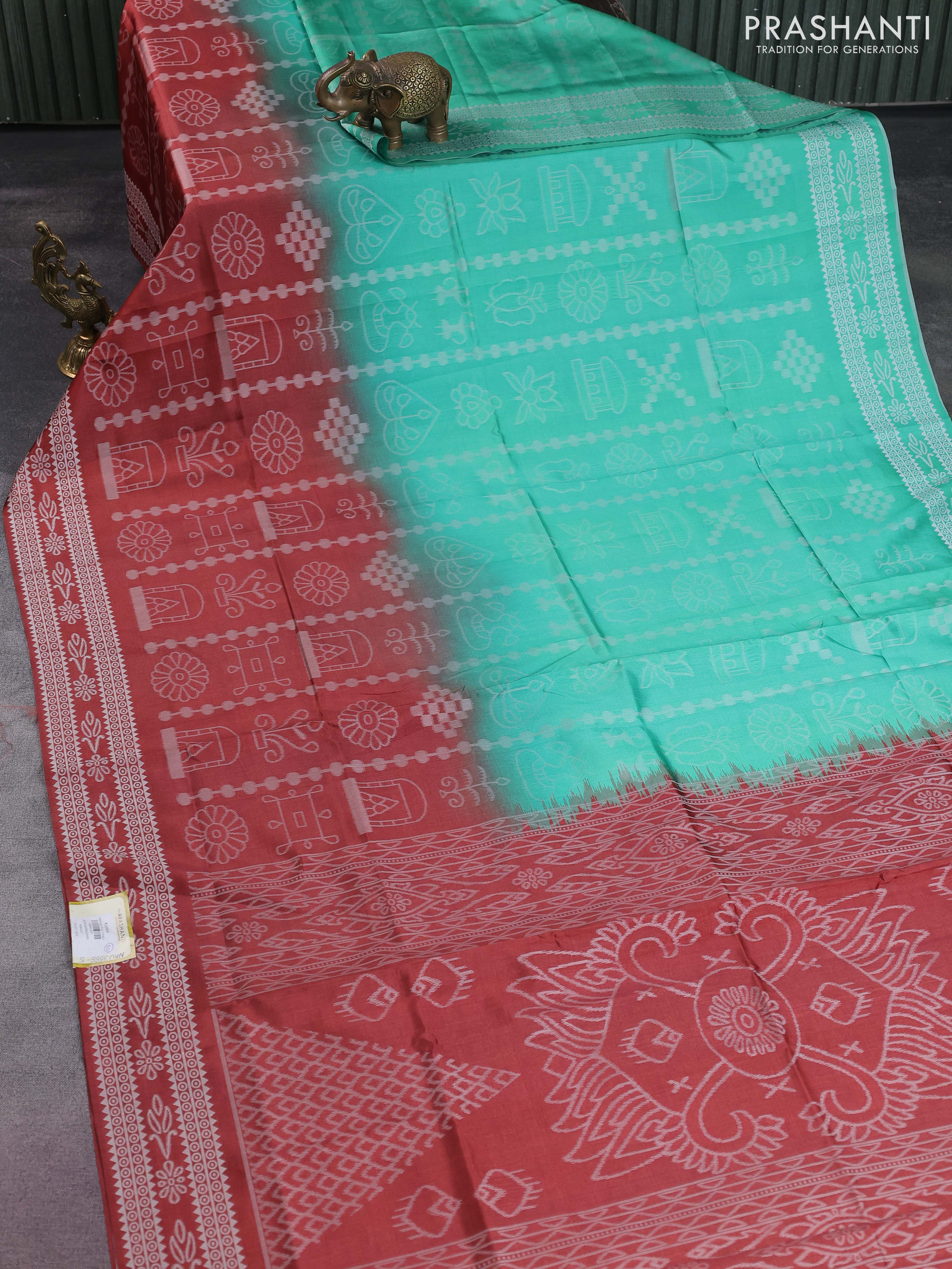 Sambalpuri semi silk saree teal green and maroon with allover ikat weaves and thread woven border - Image 2