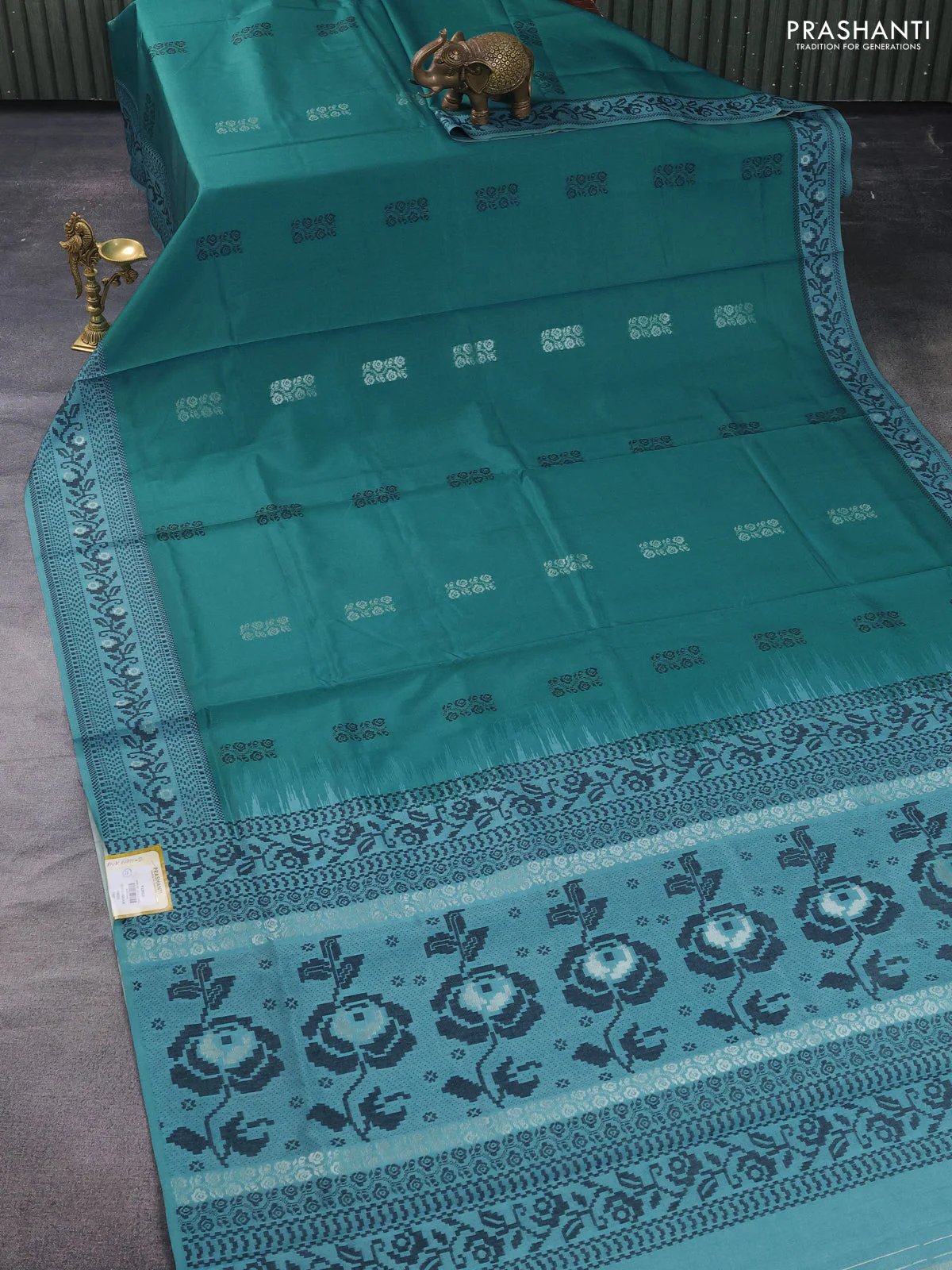 Sambalpuri semi silk saree teal green with thread woven ikat buttas and thread woven border - Image 2