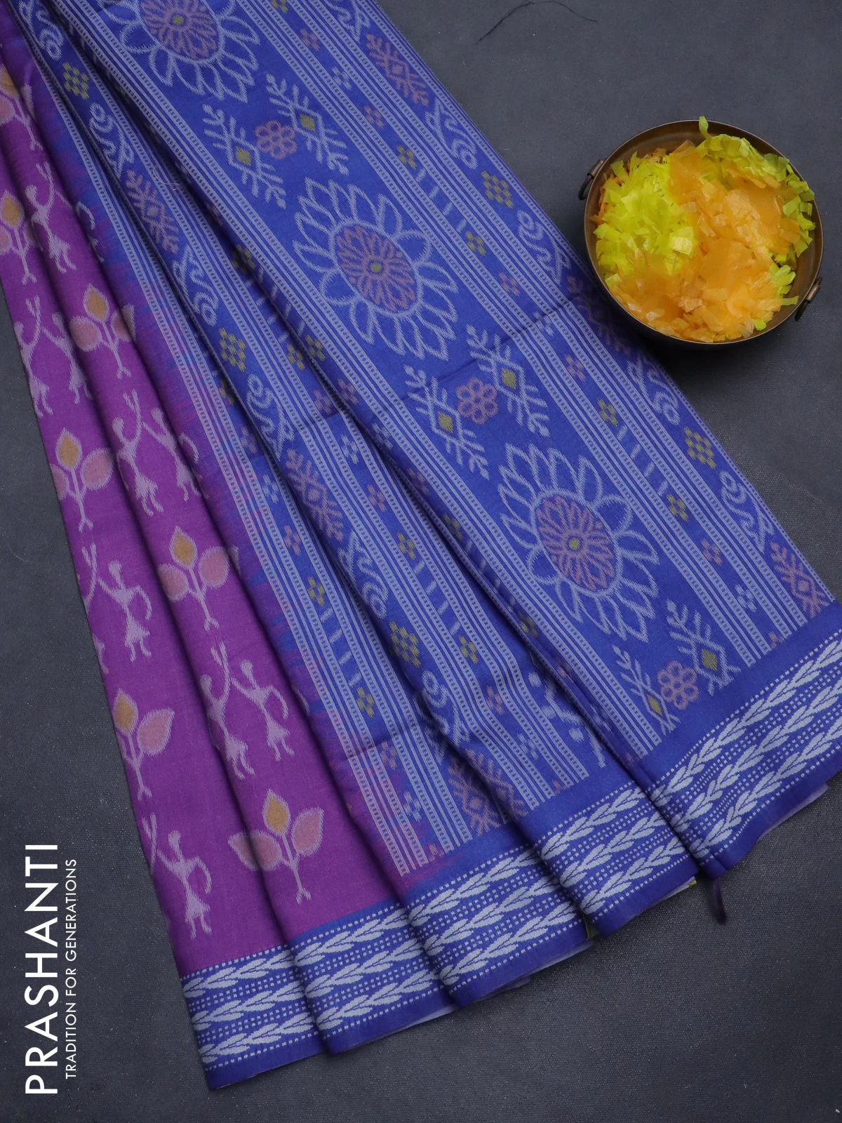 Sambalpuri semi silk saree violet and blue with allover ikat weaves and thread woven border