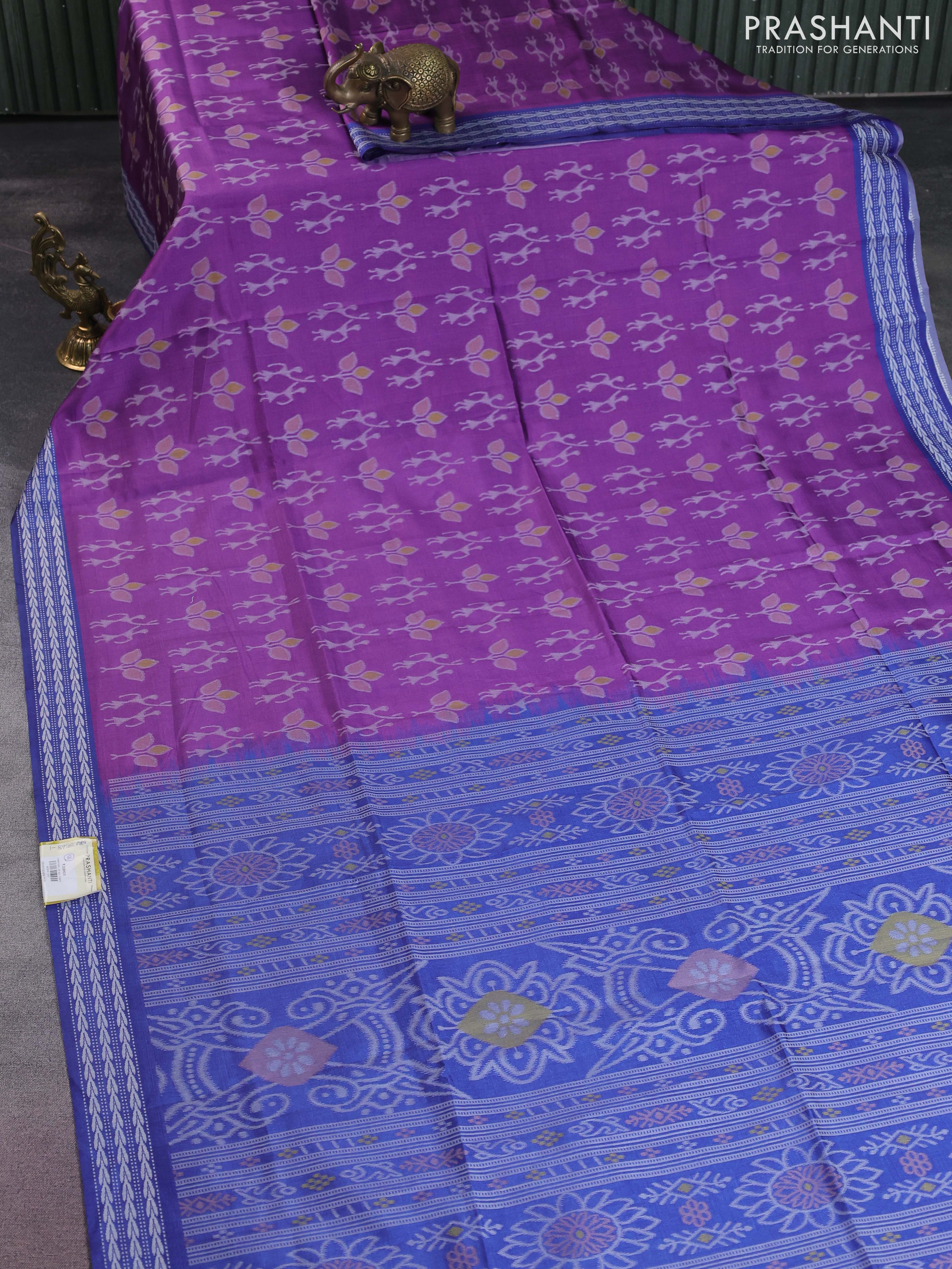 Sambalpuri semi silk saree violet and blue with allover ikat weaves and thread woven border - Image 2