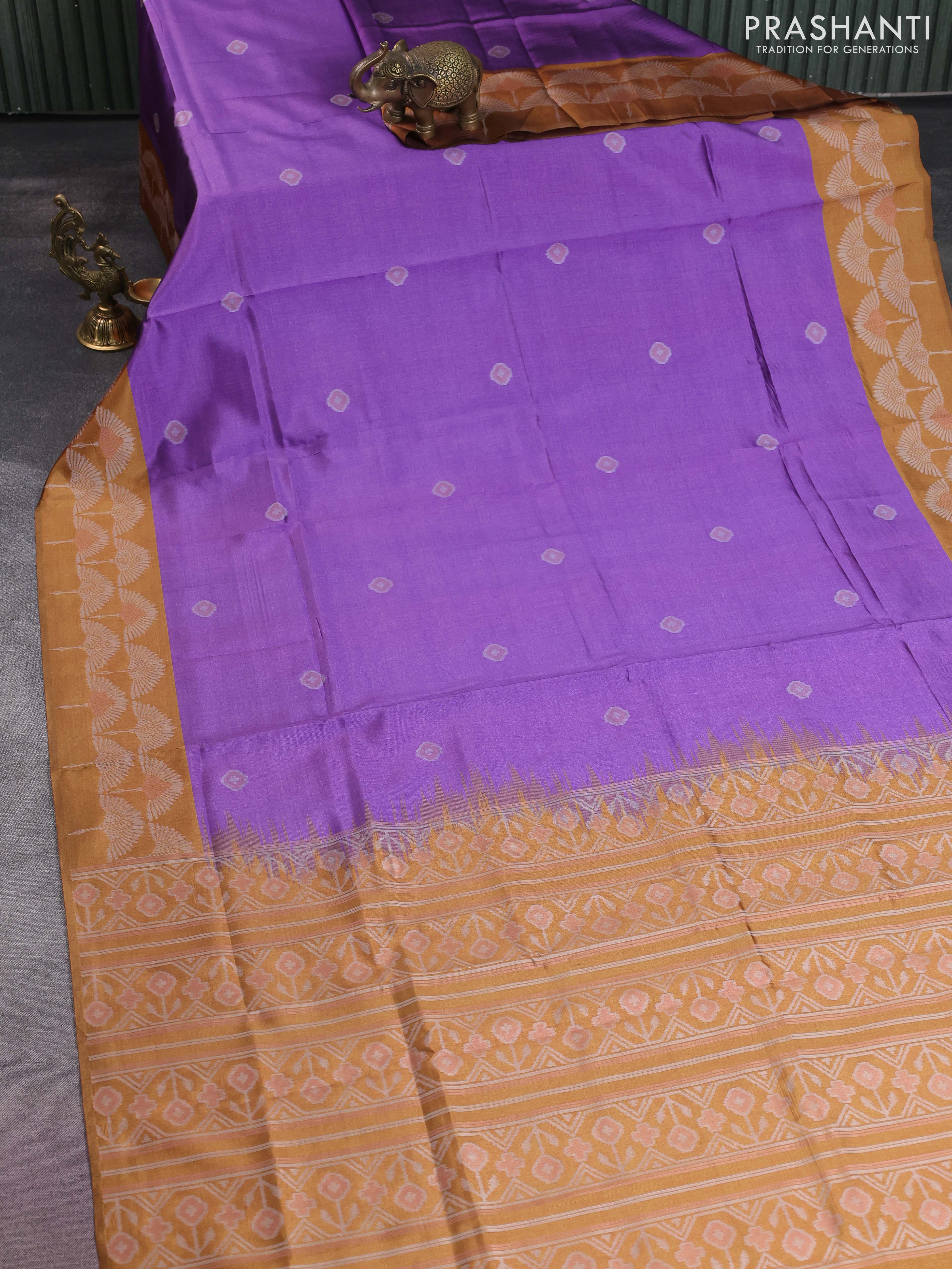 Sambalpuri semi silk saree violet and dark mustard with allover ikat butta weaves and thread woven border - Image 2