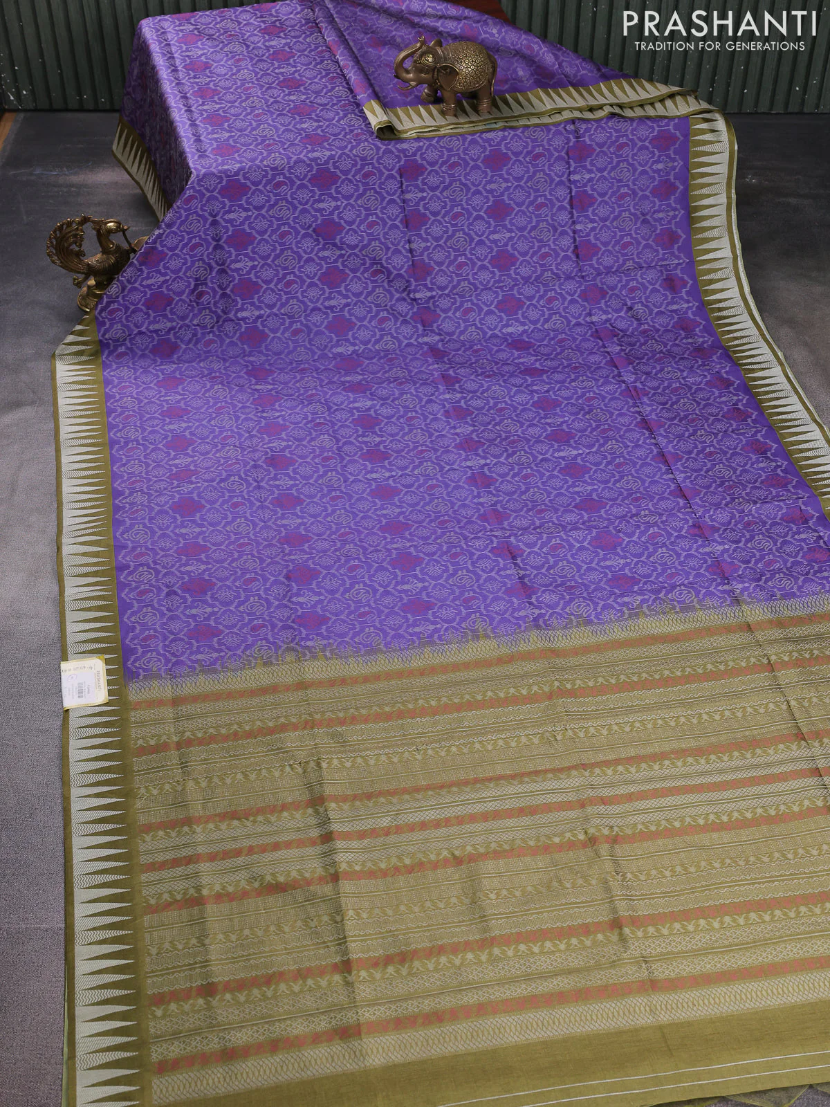 Sambalpuri semi silk saree violet and mehendi green with allover ikat weaves and thread woven border - Image 2