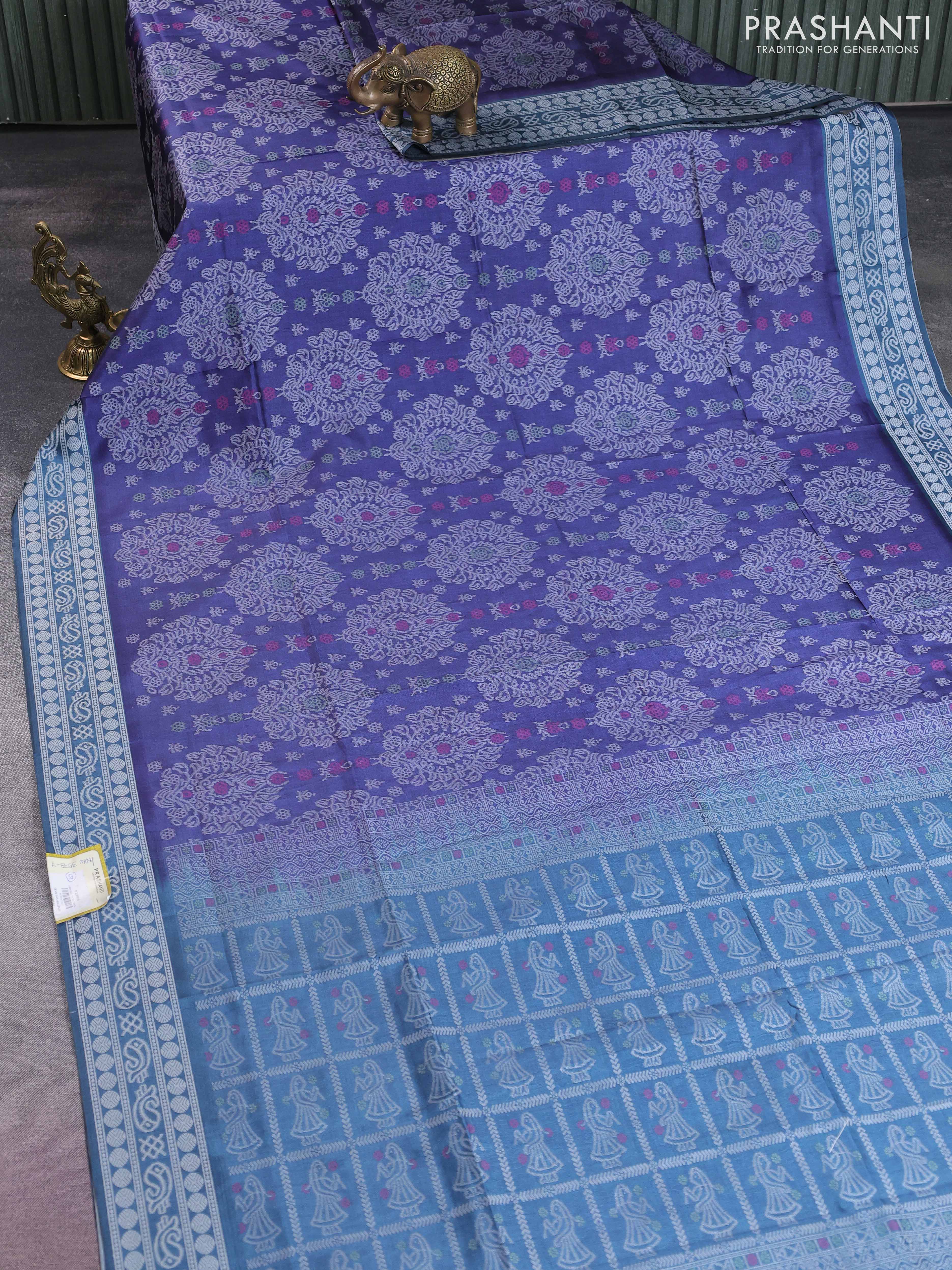 Sambalpuri semi silk saree violet shade and peacock blue with allover ikat weaves and thread woven border - Image 2