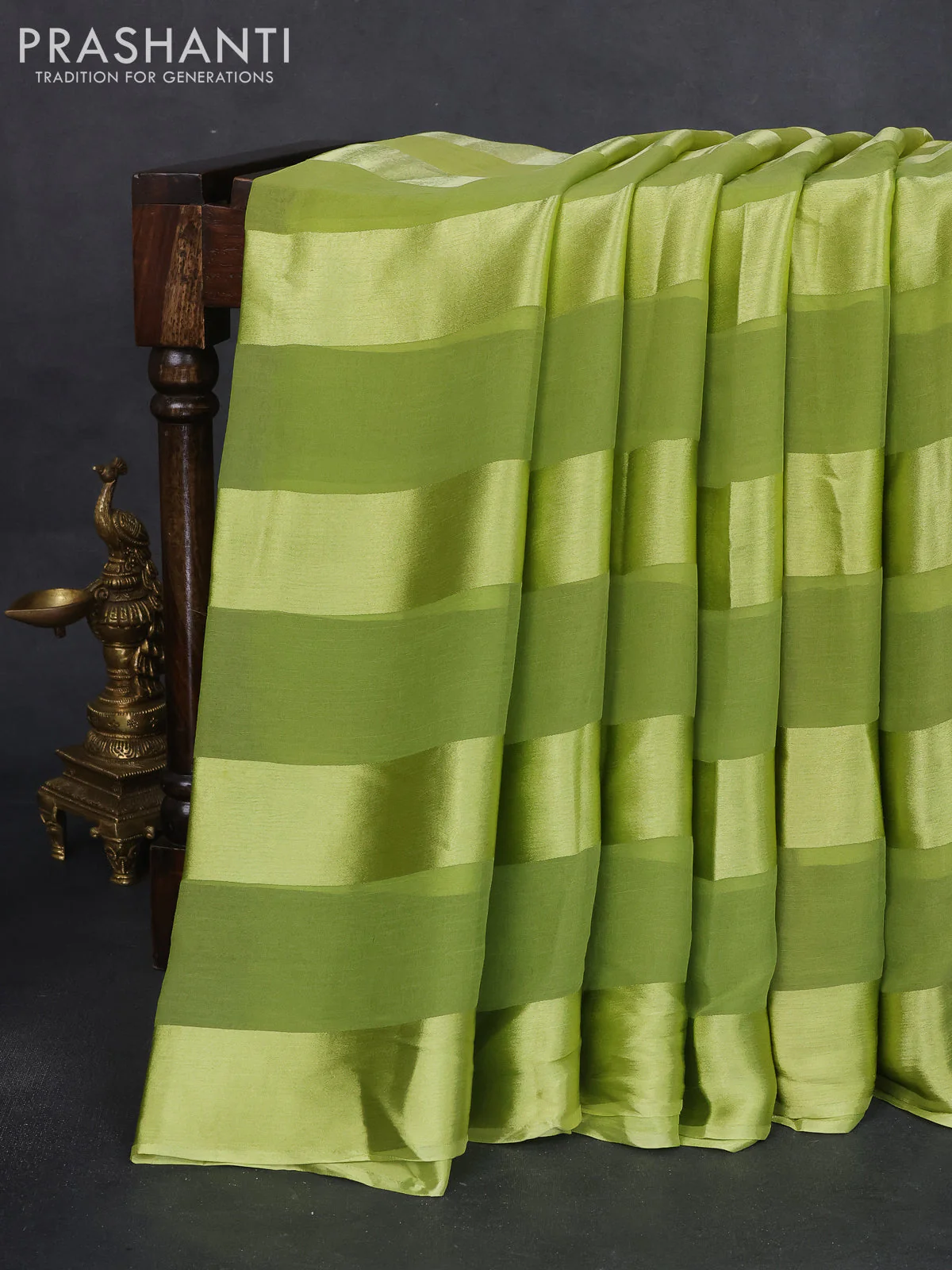 Satin chiffon silk saree fluorescent green with stripe pattern - Image 2