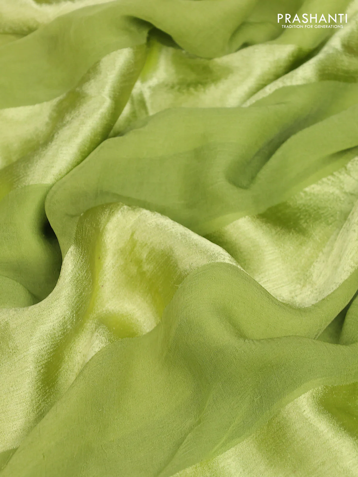 Satin chiffon silk saree fluorescent green with stripe pattern - Image 3