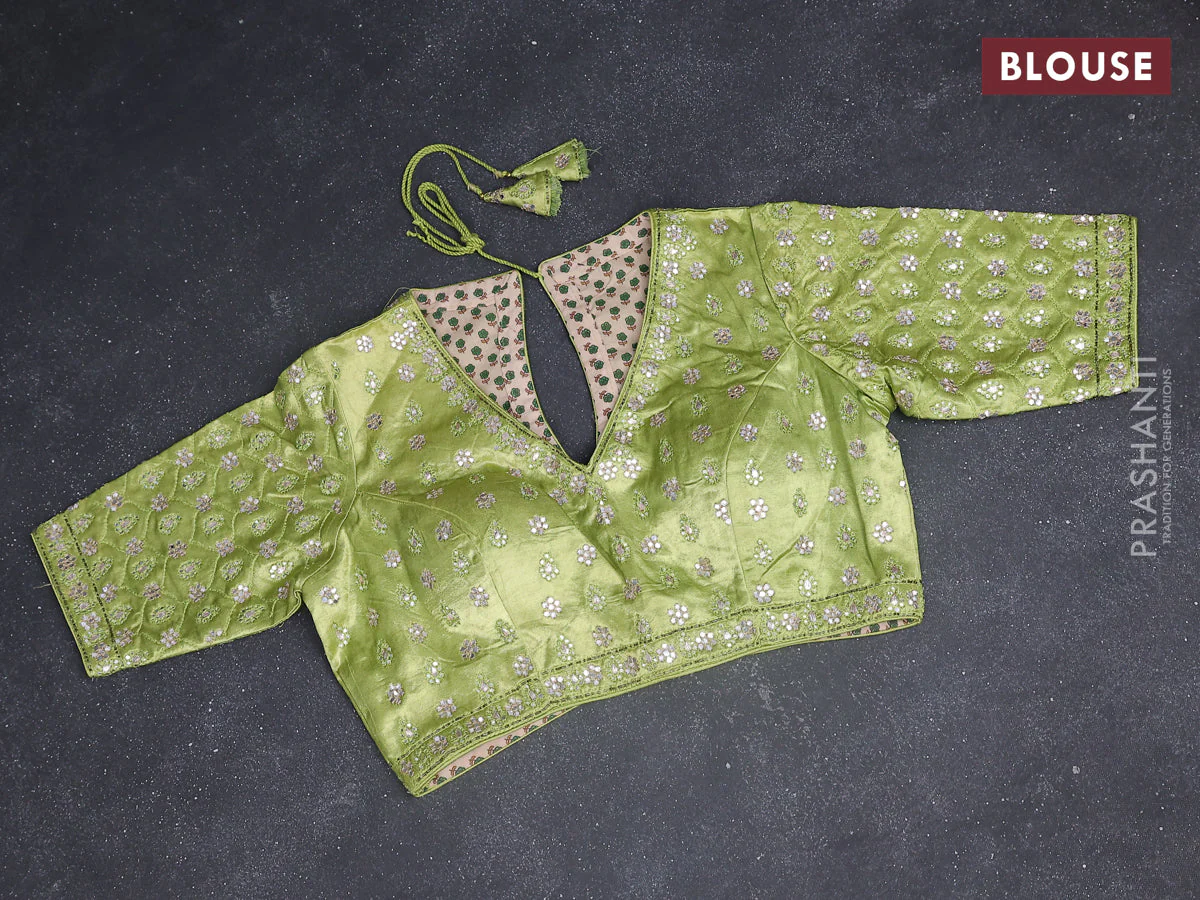 Satin chiffon silk saree fluorescent green with stripe pattern - Image 4