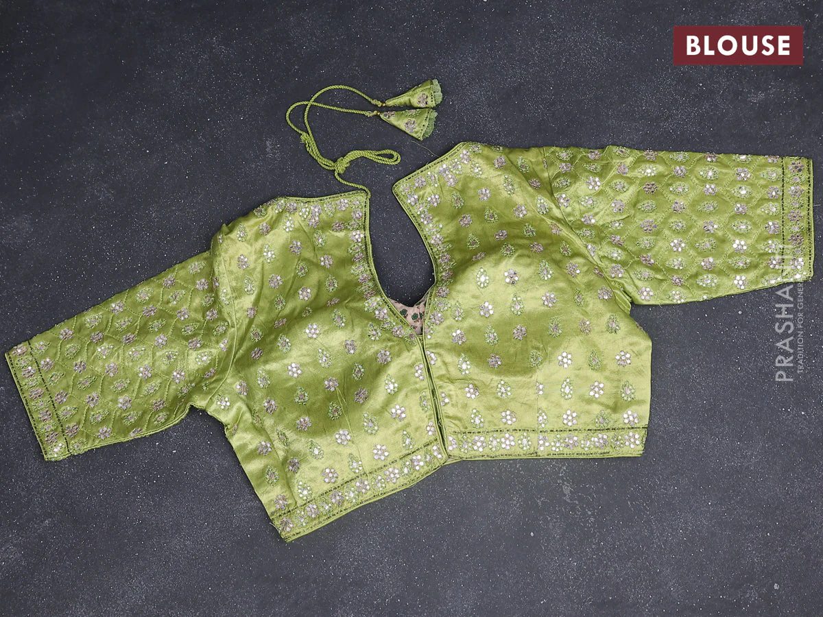 Satin chiffon silk saree fluorescent green with stripe pattern - Image 5