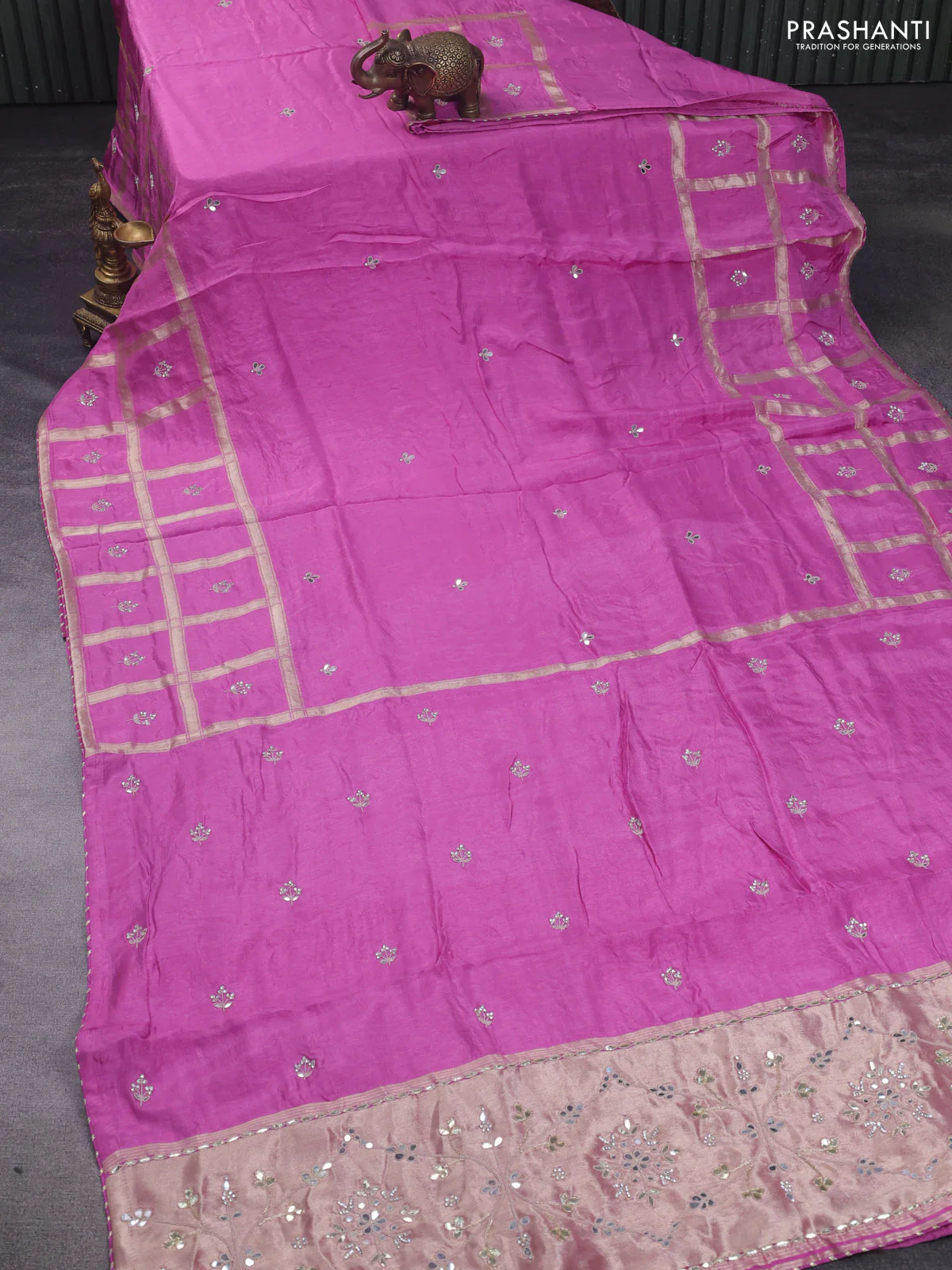 Satin crepe saree lotus pink with embroidery work buttas and gottapatti work pallu