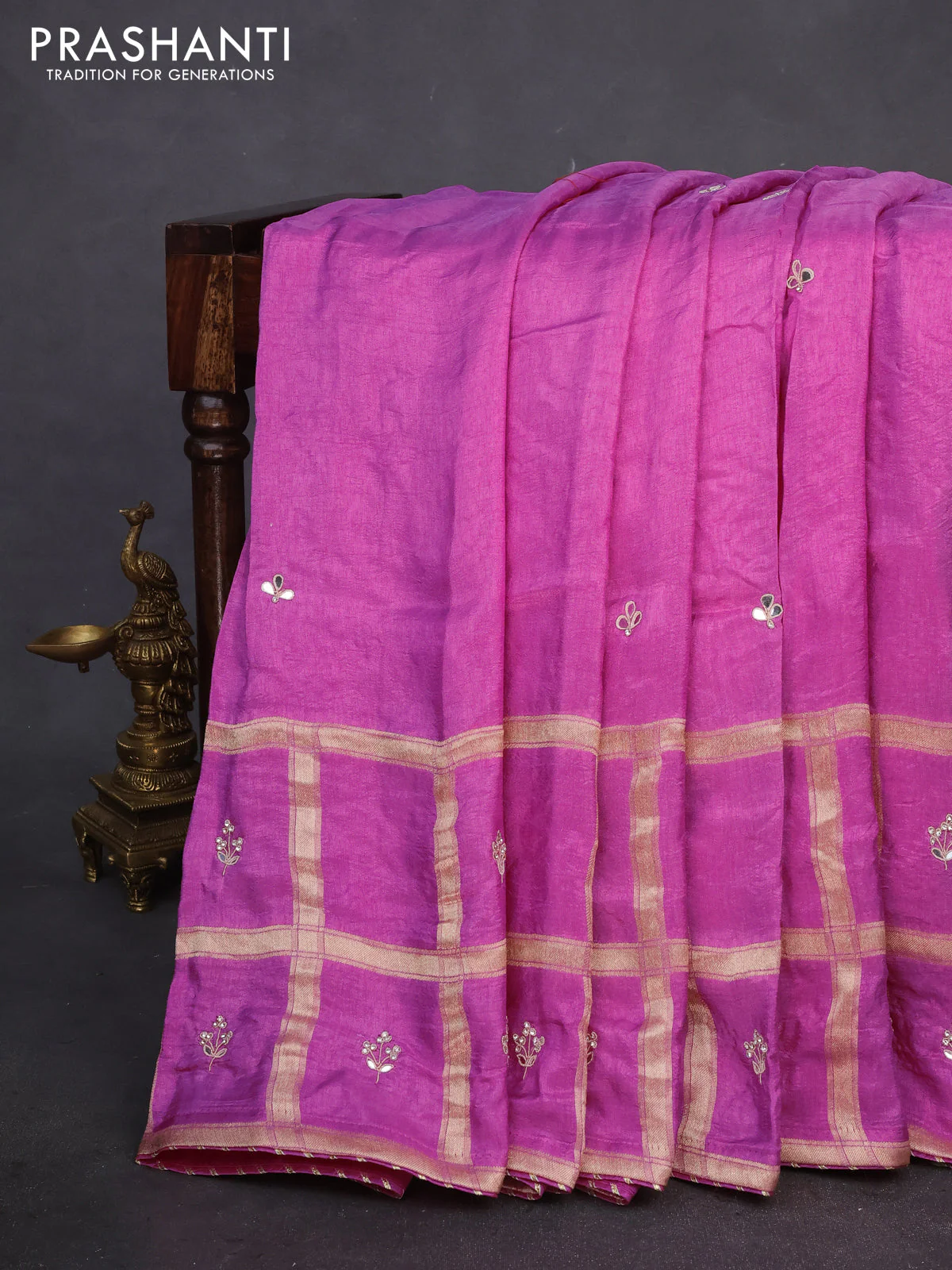 Satin crepe saree lotus pink with embroidery work buttas and gottapatti work pallu - Image 2