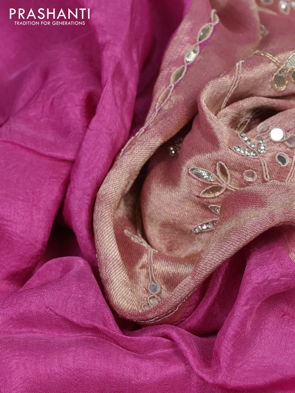 Satin crepe saree lotus pink with embroidery work buttas and gottapatti work pallu - Image 3