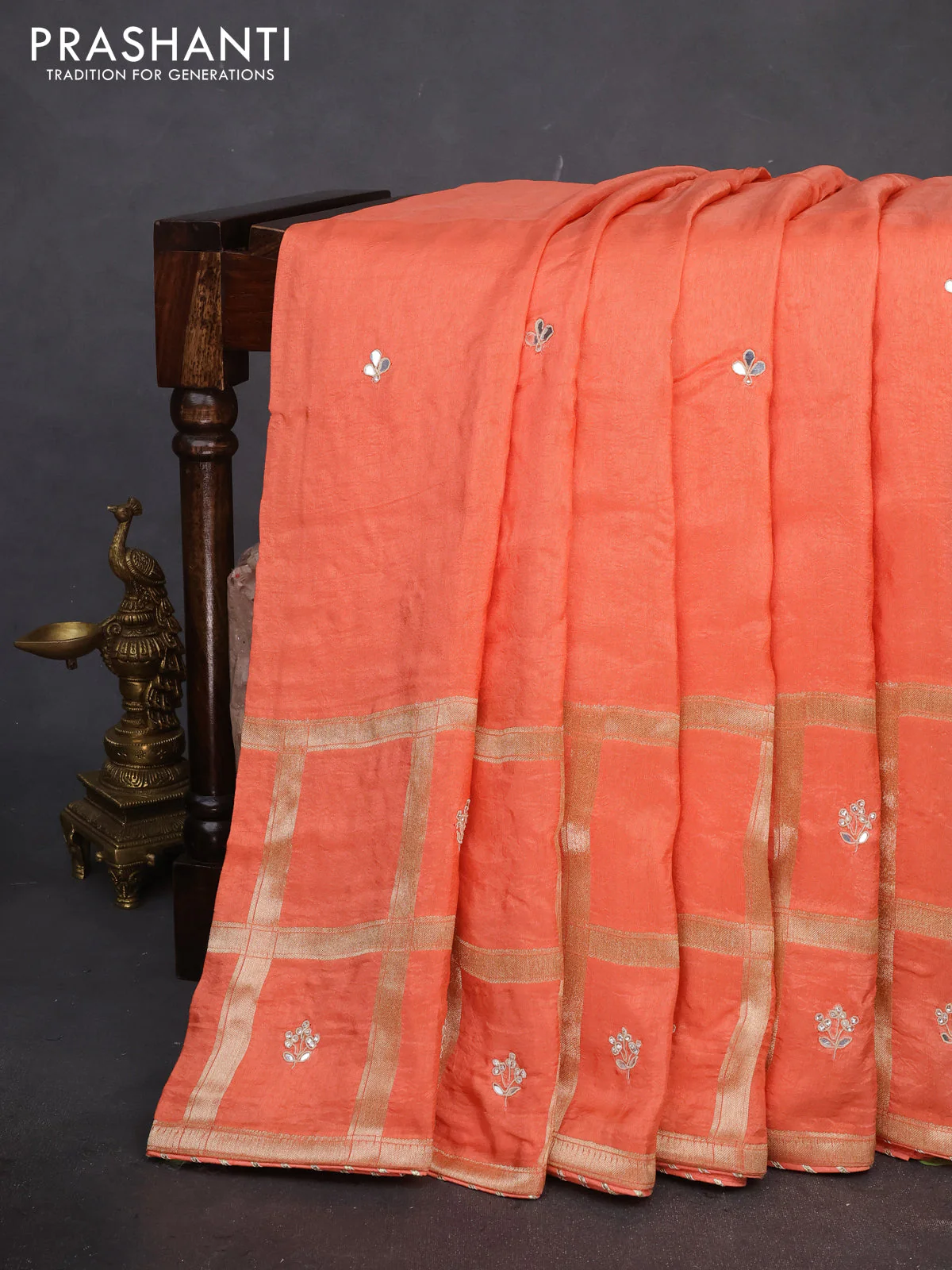 Satin crepe saree peach orange with embroidery work buttas and gottapatti work pallu - Image 2