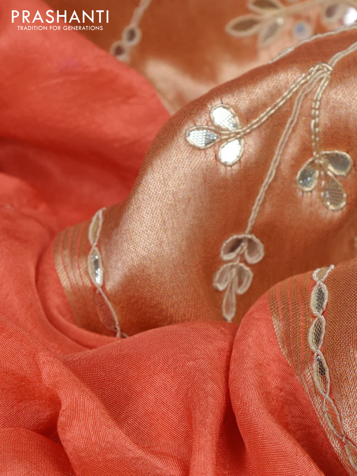 Satin crepe saree peach orange with embroidery work buttas and gottapatti work pallu - Image 3