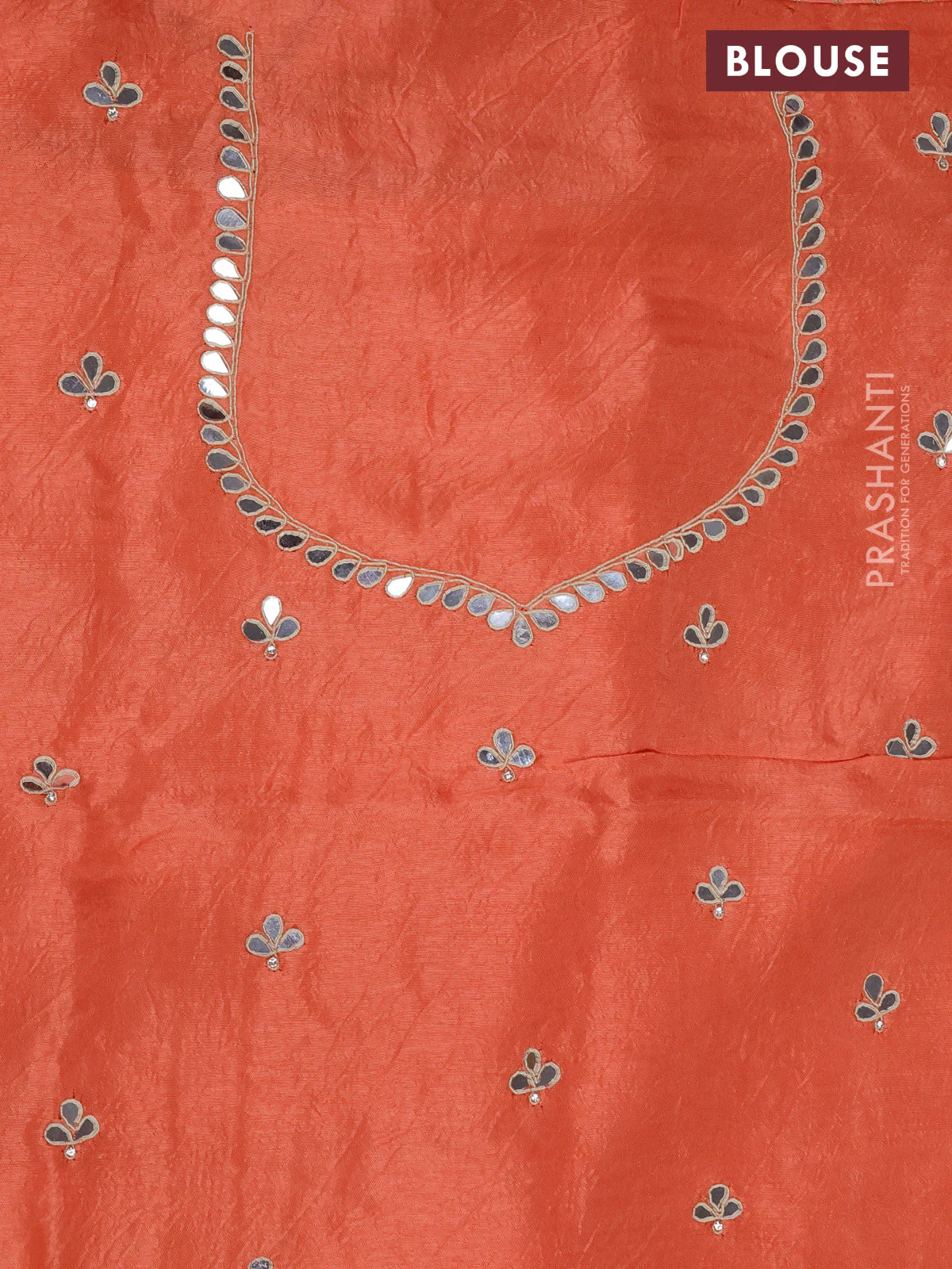 Satin crepe saree peach orange with embroidery work buttas and gottapatti work pallu - Image 4