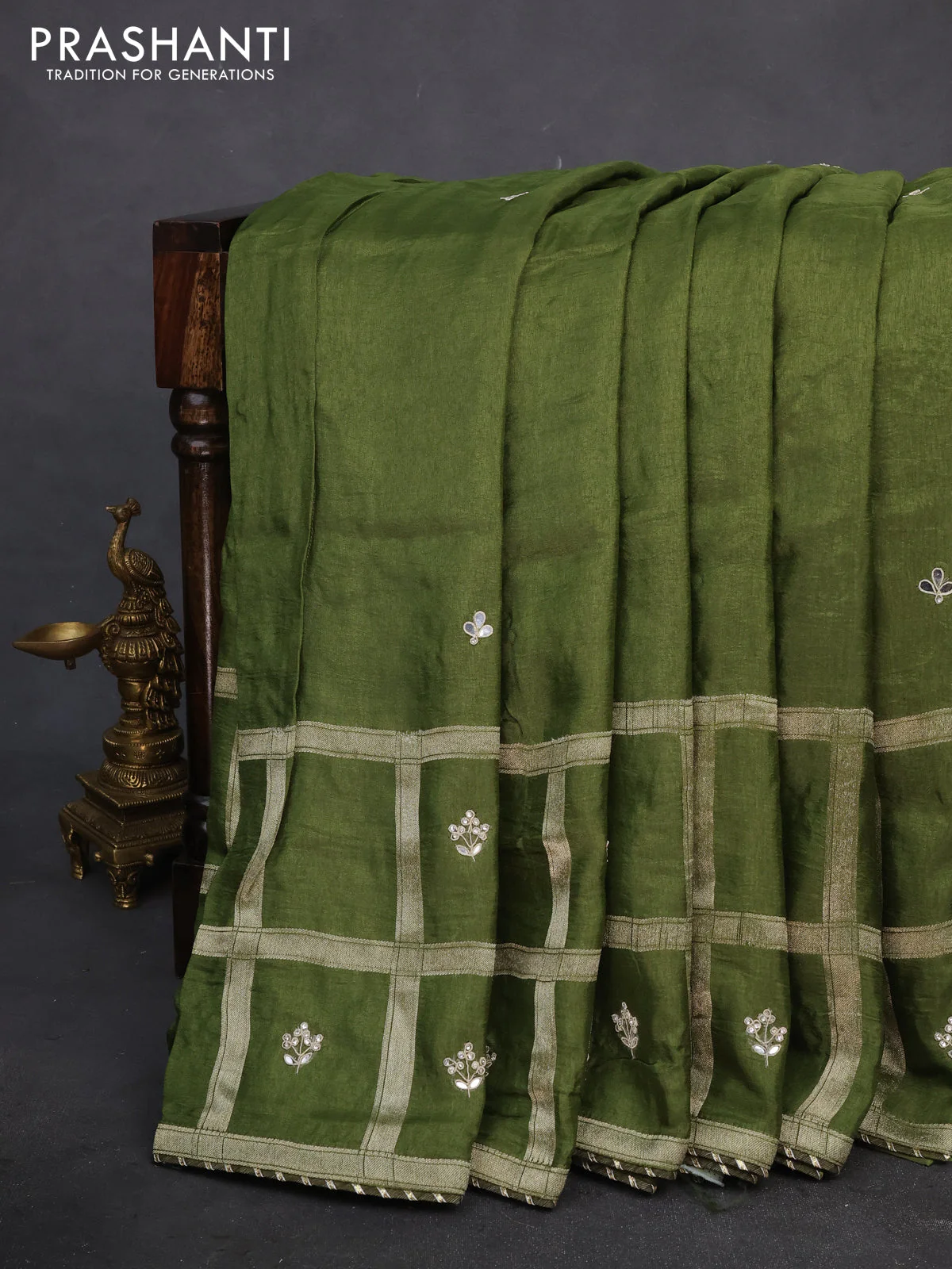 Satin crepe saree sap green with embroidery work buttas and gottapatti work pallu - Image 2