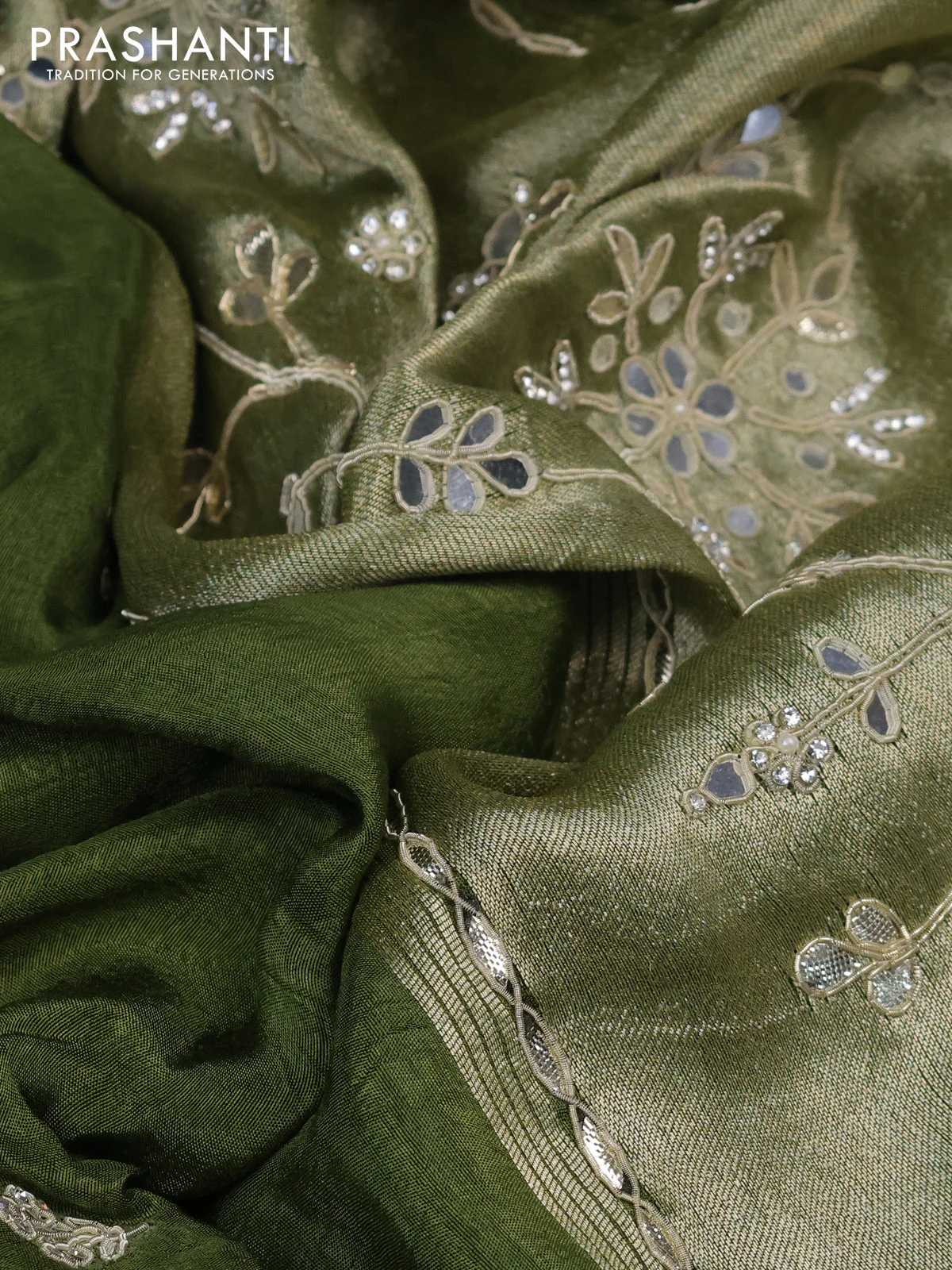 Satin crepe saree sap green with embroidery work buttas and gottapatti work pallu - Image 3
