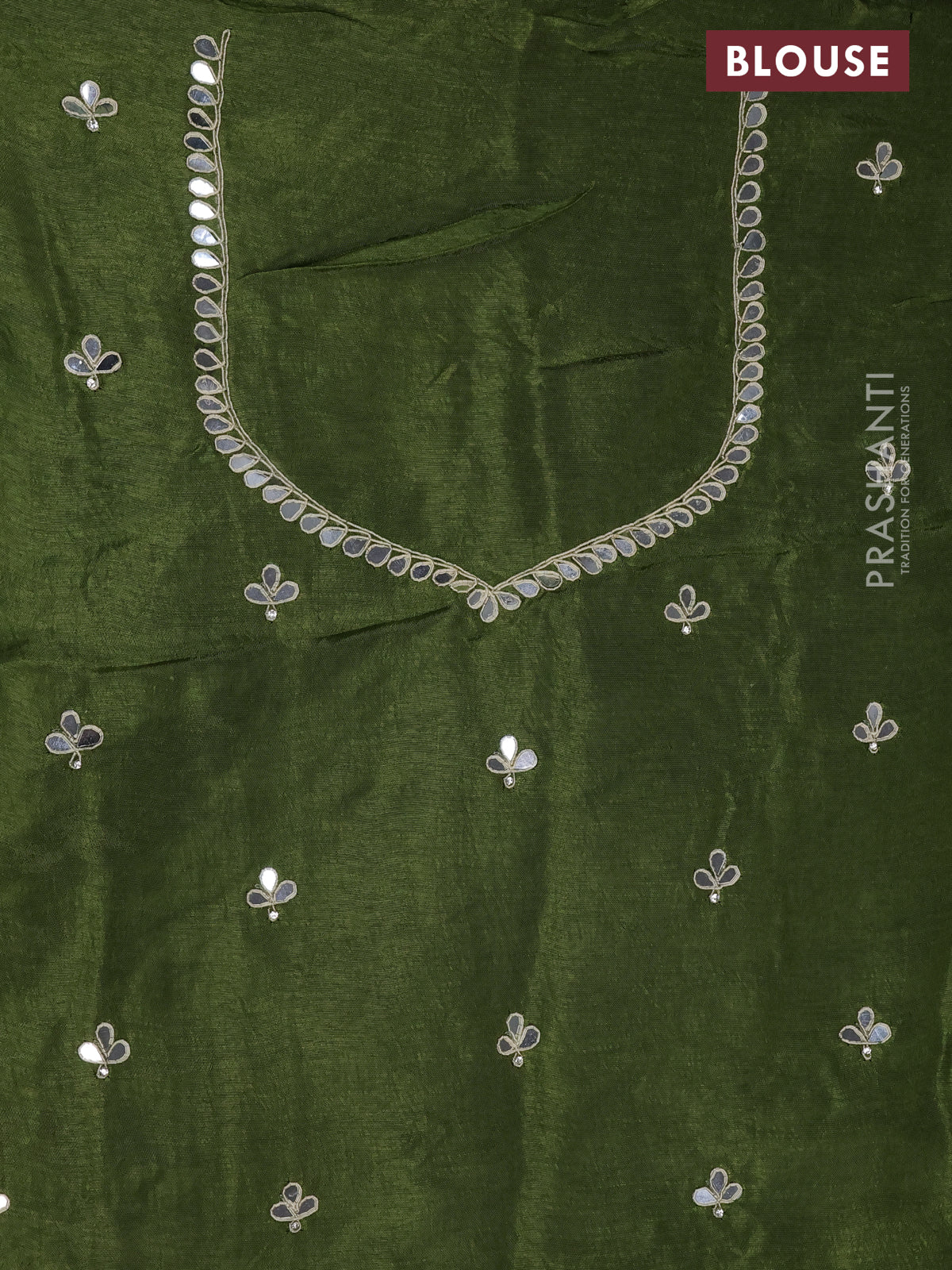 Satin crepe saree sap green with embroidery work buttas and gottapatti work pallu - Image 4