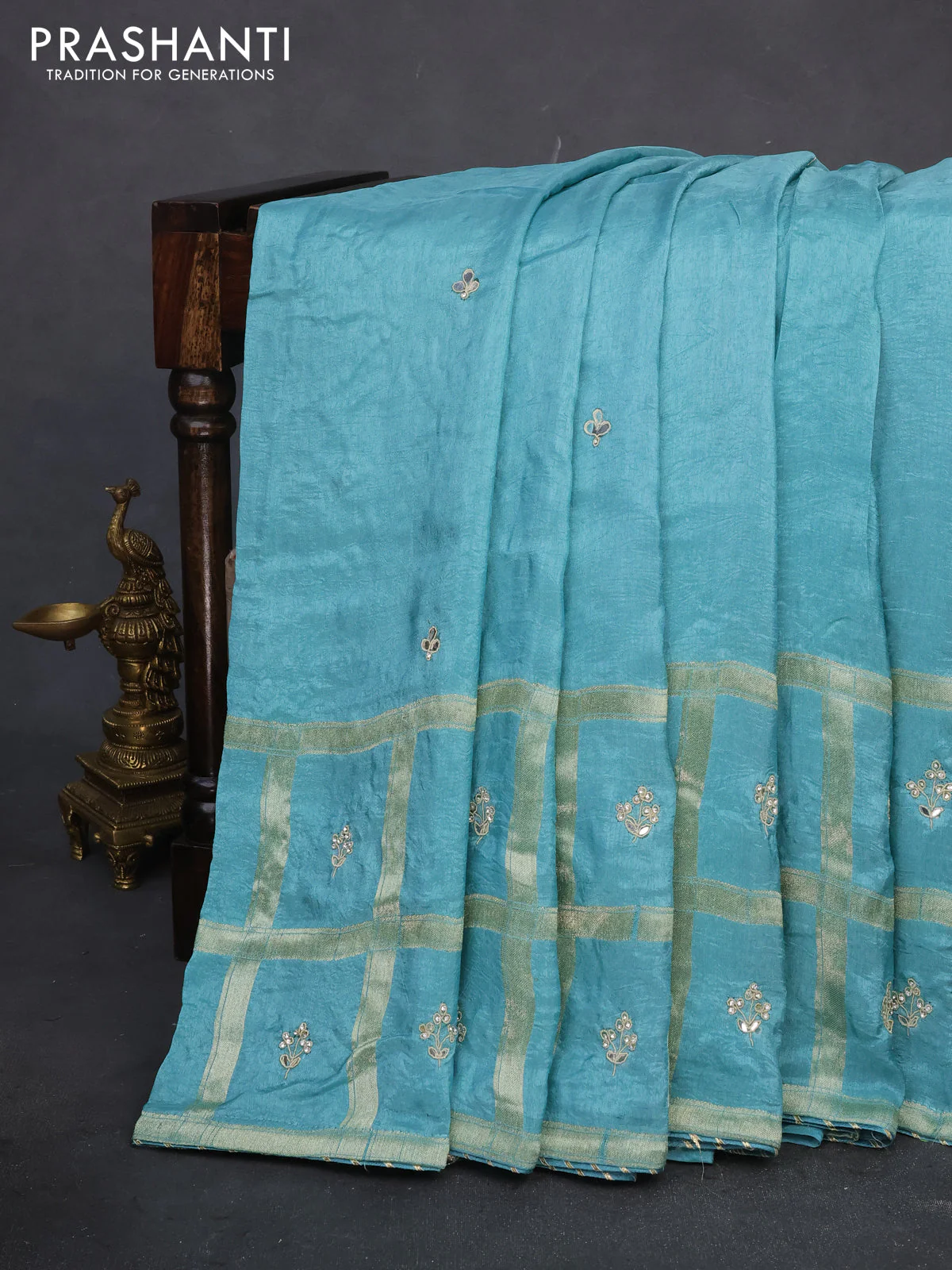 Satin crepe saree teal blue shade with embroidery work buttas and gottapatti work pallu - Image 2