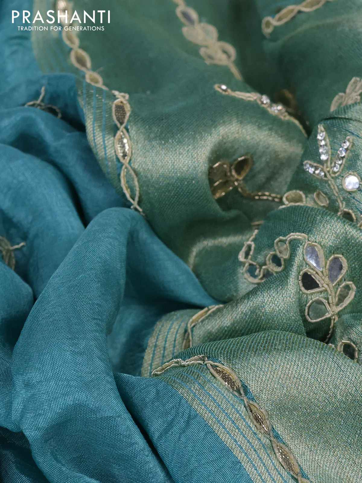 Satin crepe saree teal blue shade with embroidery work buttas and gottapatti work pallu - Image 3