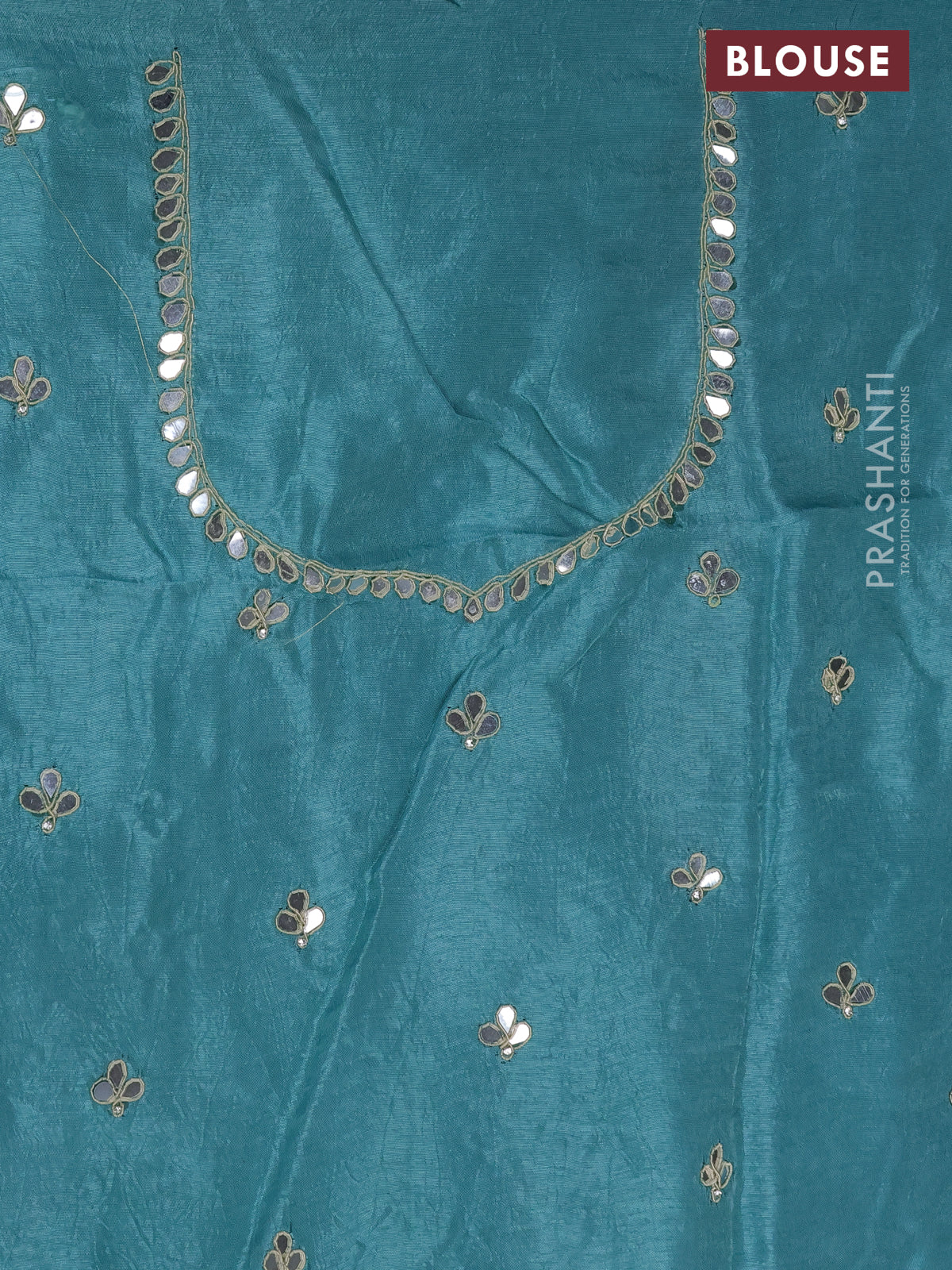Satin crepe saree teal blue shade with embroidery work buttas and gottapatti work pallu - Image 4