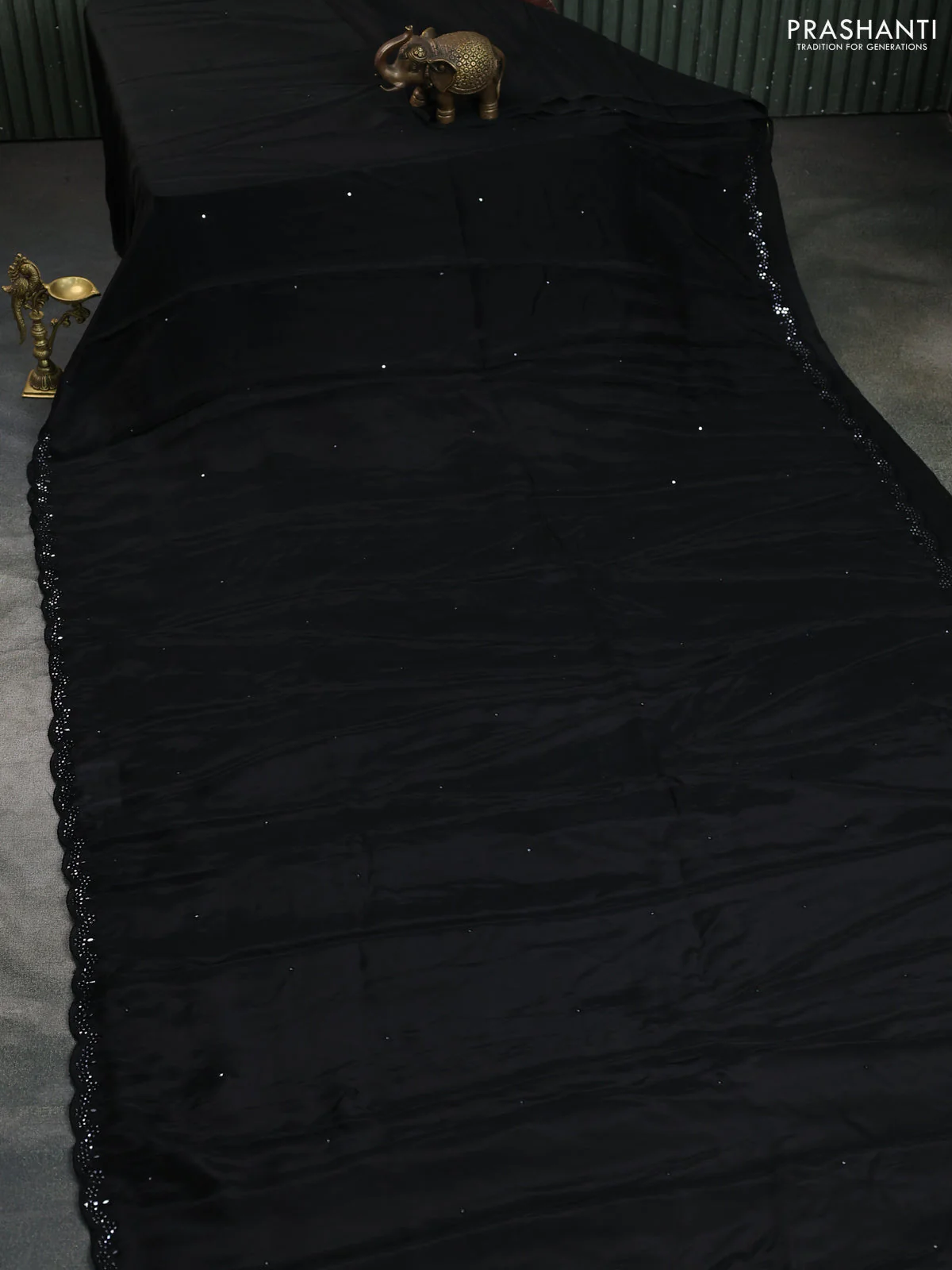 Satin crepe silk saree black and blue with mirror work and ajrakh printed blouse - Image 2
