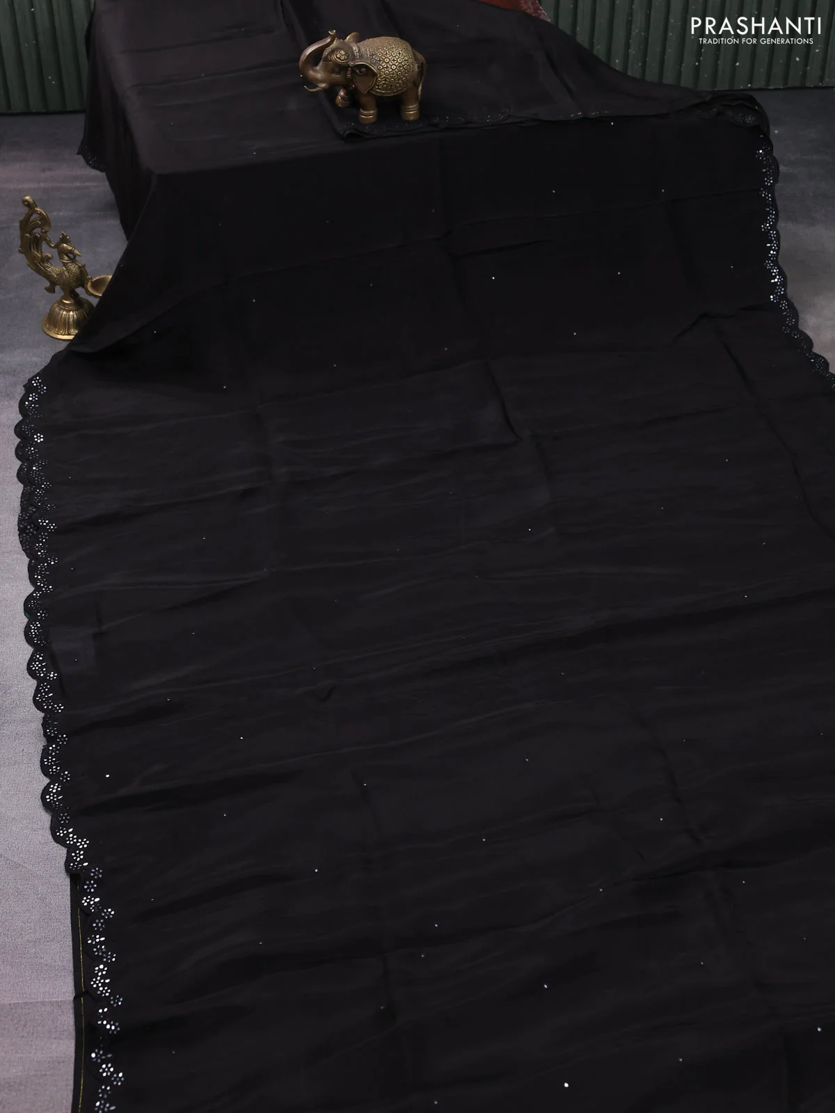 Satin crepe silk saree black and green with allover mirror work and ajrakh printed blouse - Image 2