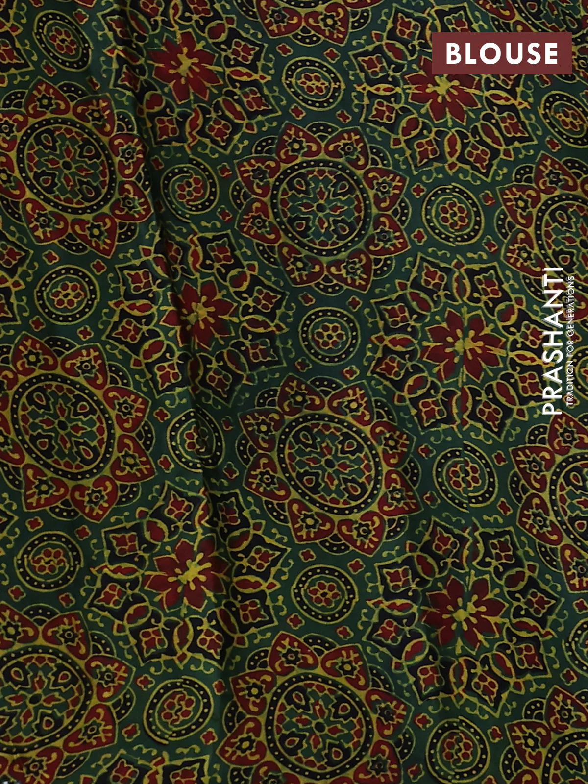 Satin crepe silk saree black and green with allover mirror work and ajrakh printed blouse - Image 3