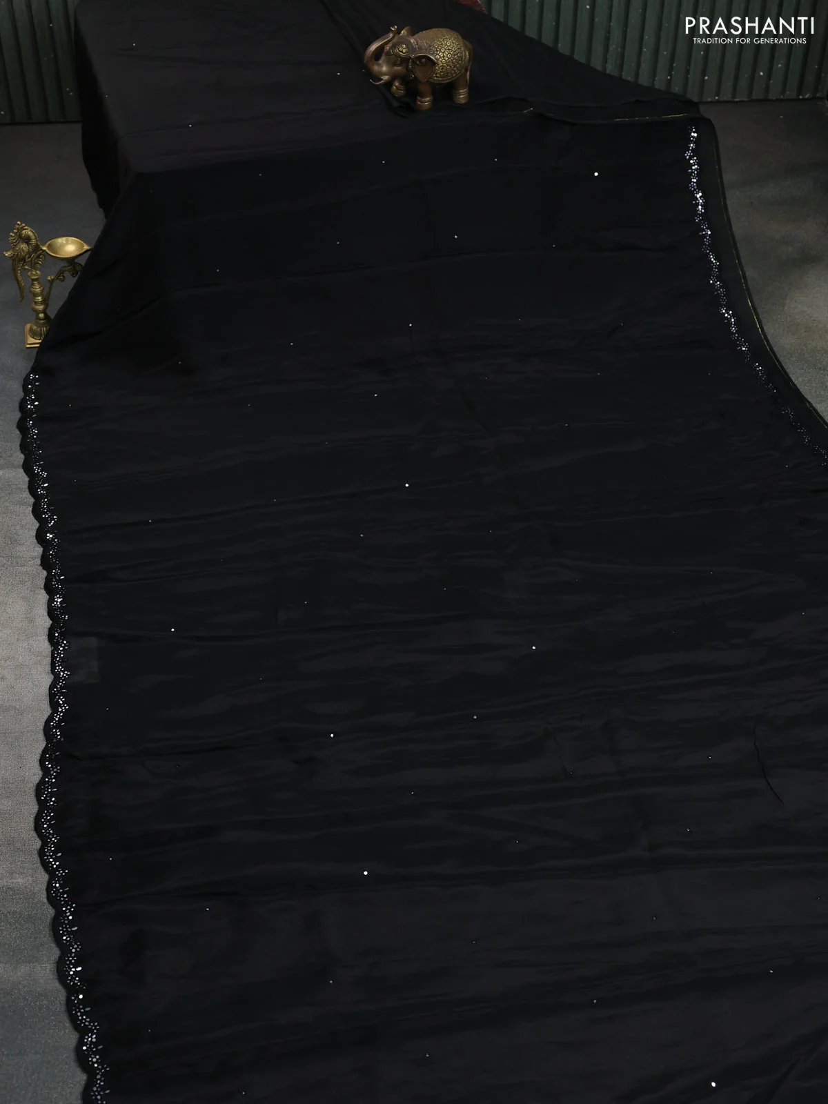 Satin crepe silk saree black and maroon with mirror work and ajrakh printed blouse - Image 2