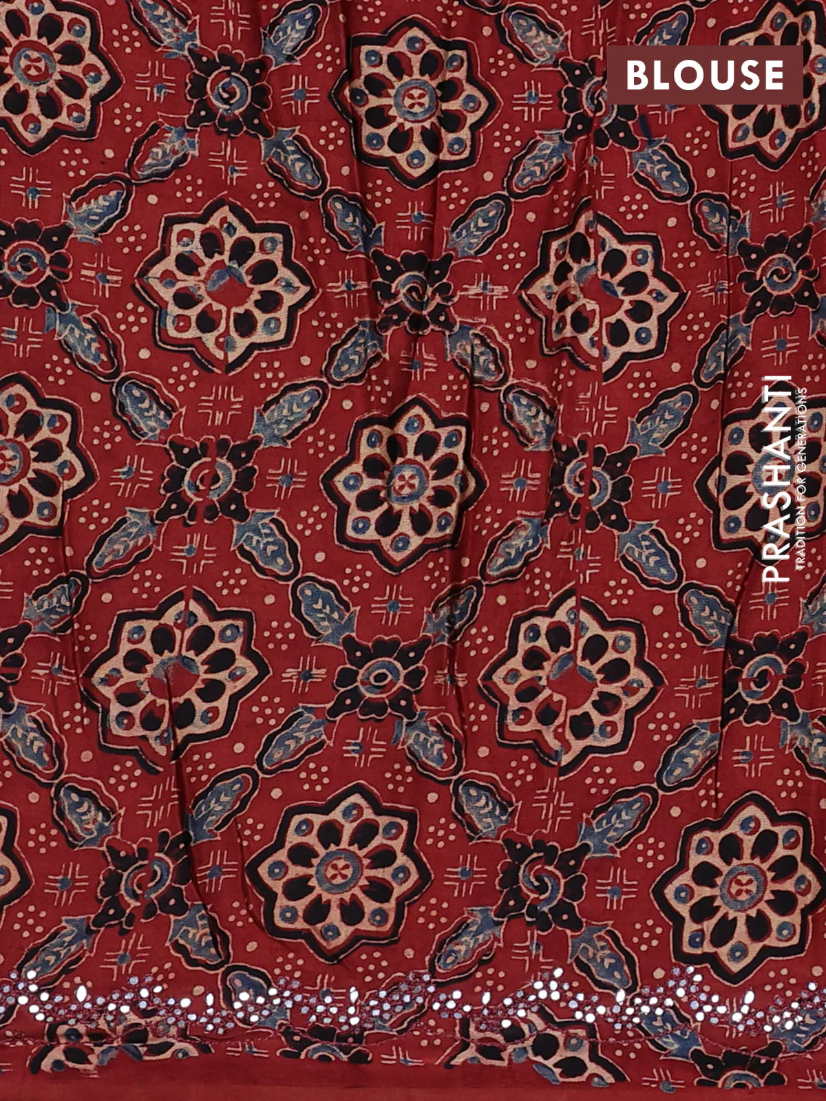 Satin crepe silk saree black and maroon with mirror work and ajrakh printed blouse - Image 3
