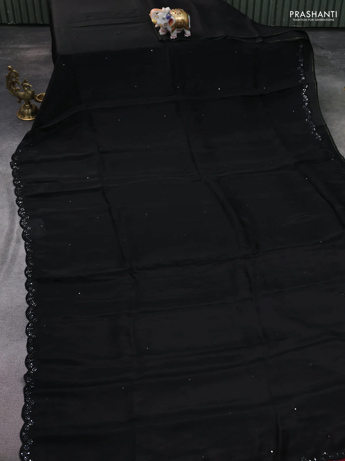 Satin crepe silk saree black and maroon with mirror work and ajrakh printed blouse - Image 2
