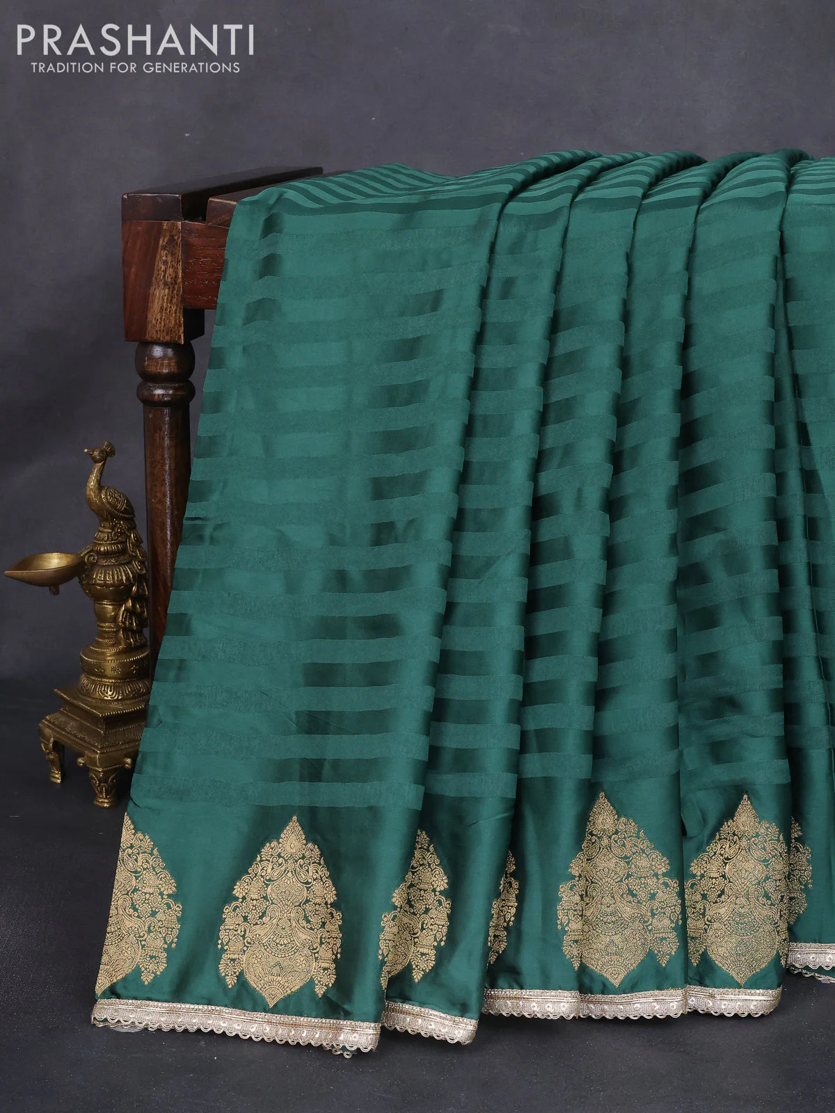 Satin crepe silk saree dark green with allover stripe pattern & mirror work pallu - Image 2