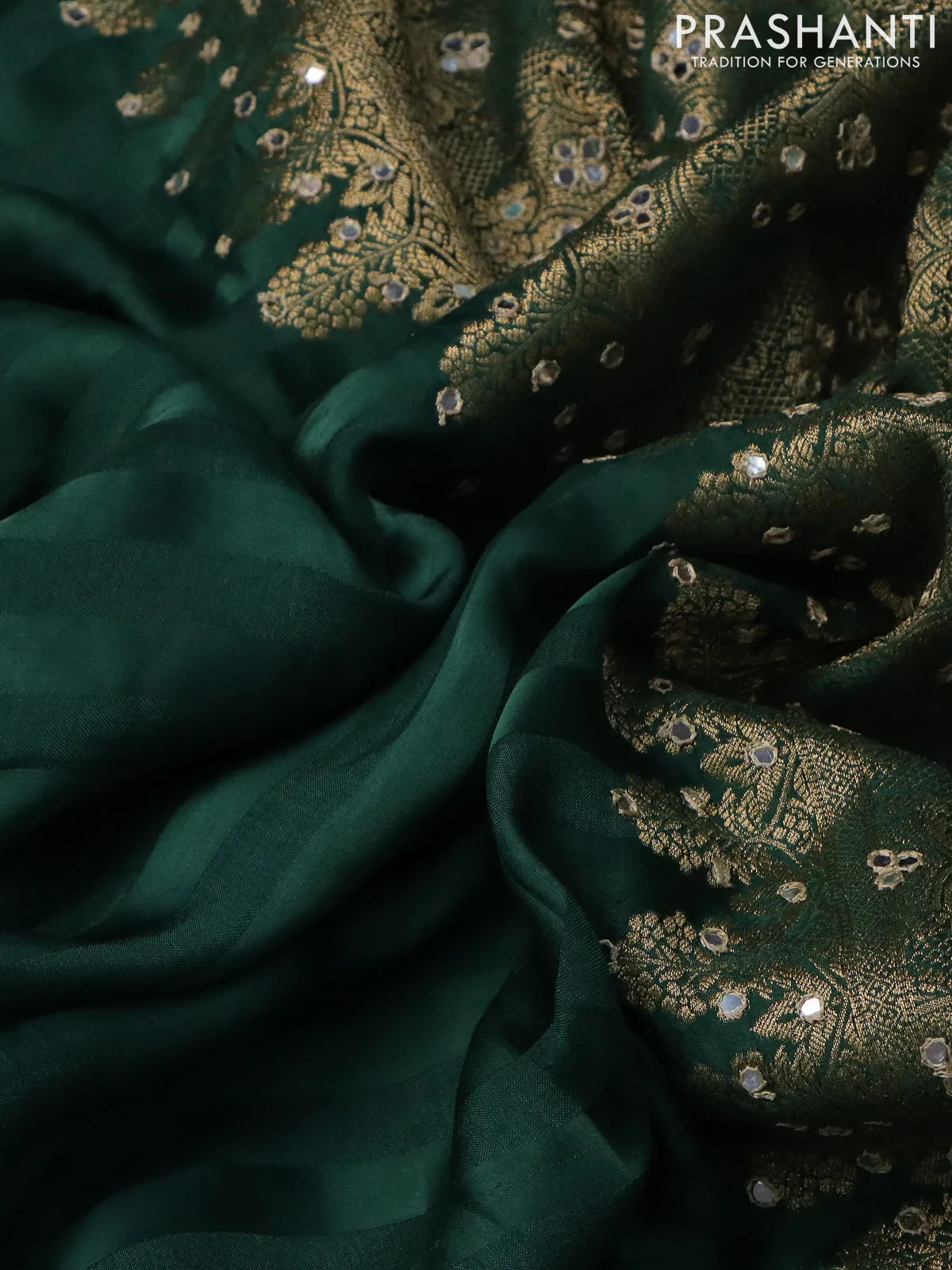 Satin crepe silk saree dark green with allover stripe pattern & mirror work pallu - Image 3