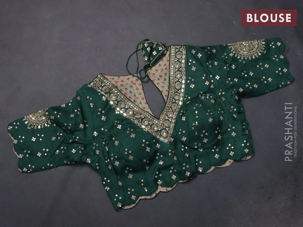 Satin crepe silk saree dark green with allover stripe pattern & mirror work pallu - Image 4