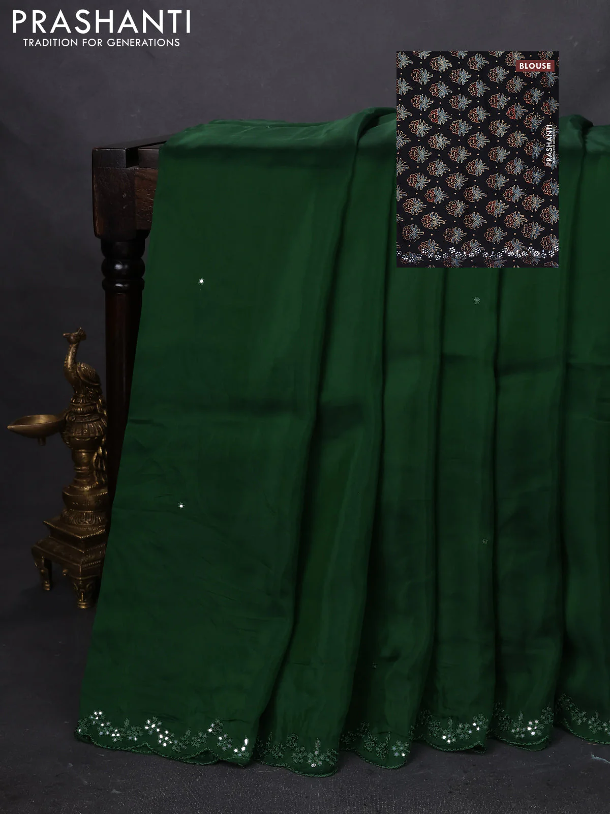 Satin crepe silk saree green and black with mirror work and ajrakh printed blouse