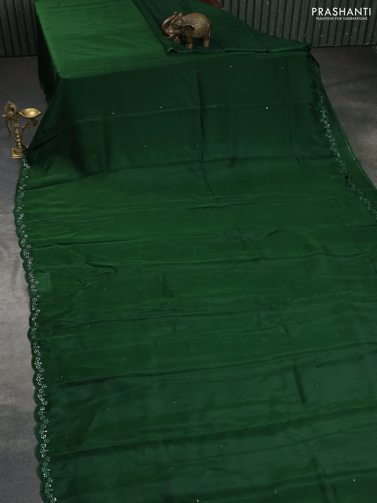 Satin crepe silk saree green and black with mirror work and ajrakh printed blouse - Image 2