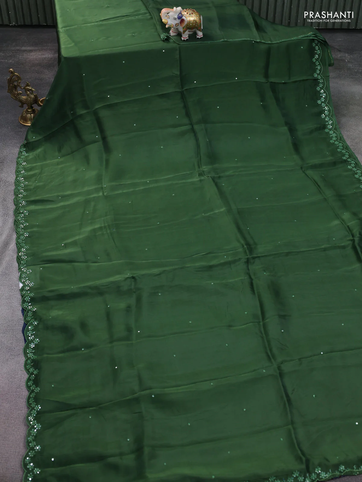 Satin crepe silk saree green and blue with mirror work and ajrakh printed blouse - Image 2