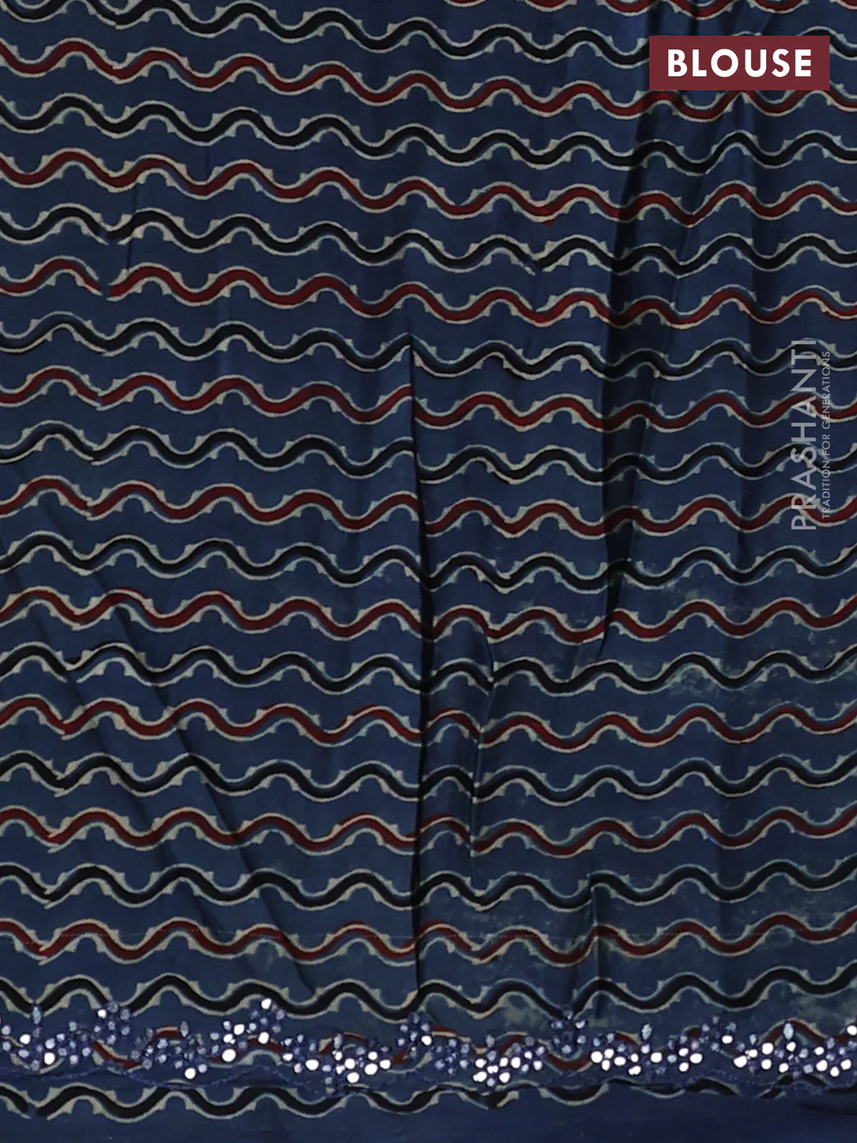 Satin crepe silk saree green and blue with mirror work and ajrakh printed blouse - Image 3