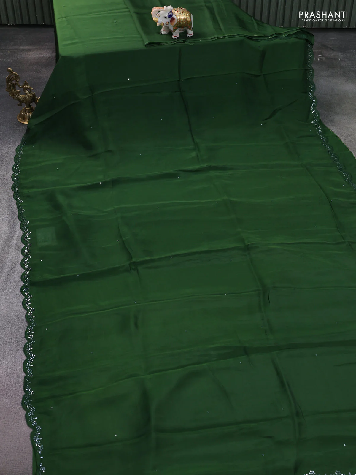 Satin crepe silk saree green and blue with mirror work and ajrakh printed blouse - Image 2