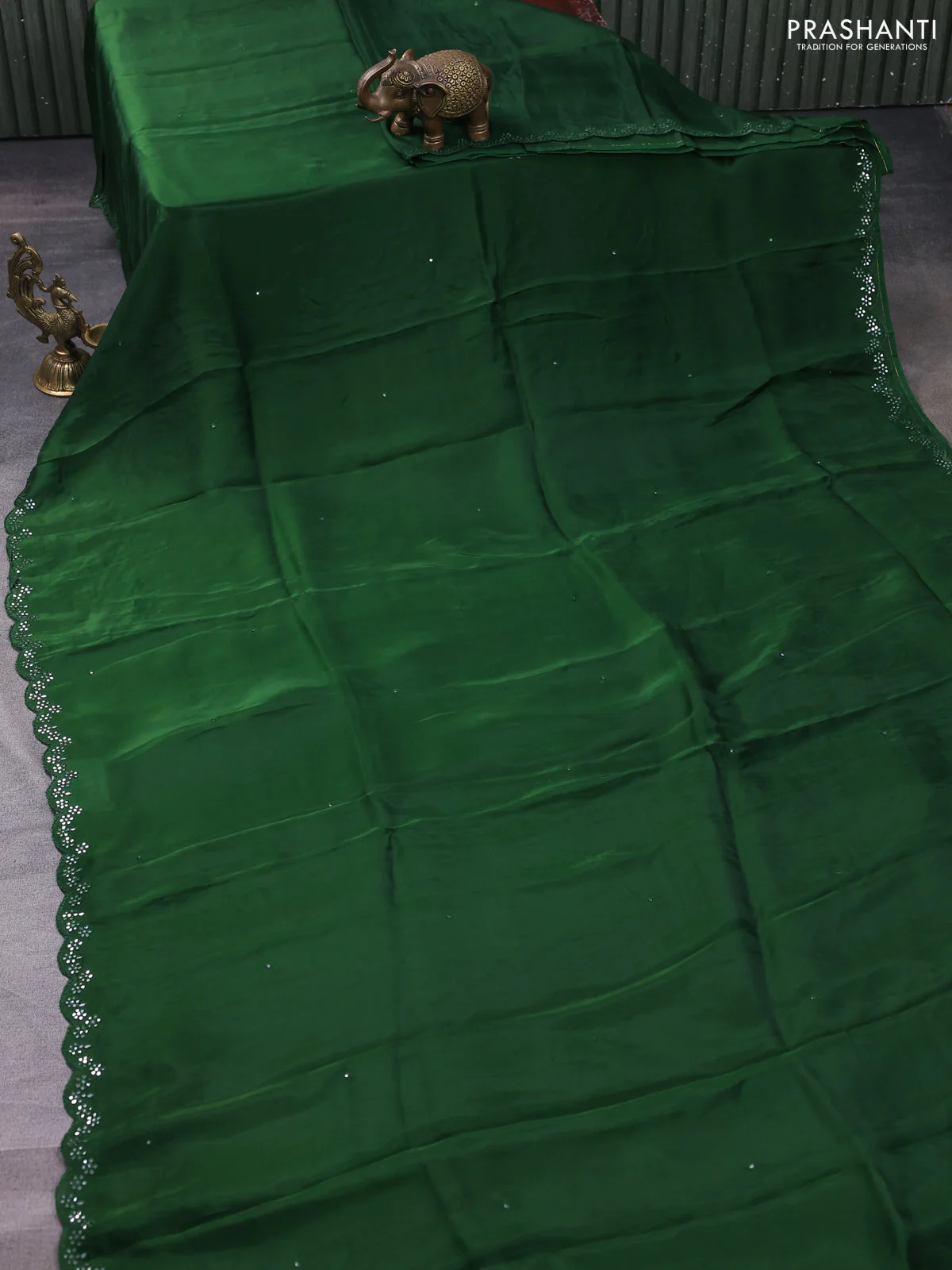 Satin crepe silk saree green and mustard yellow with allover mirror work and ajrakh printed blouse - Image 2