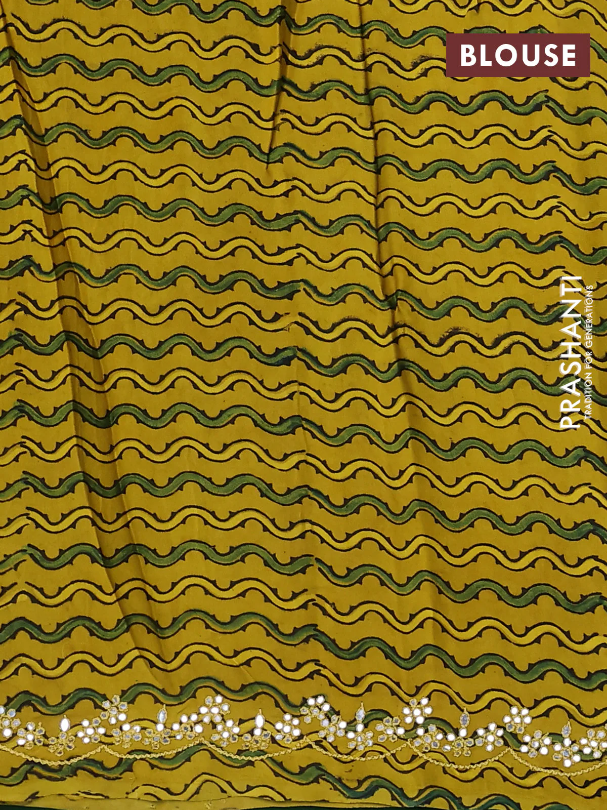 Satin crepe silk saree green and mustard yellow with allover mirror work and ajrakh printed blouse - Image 3