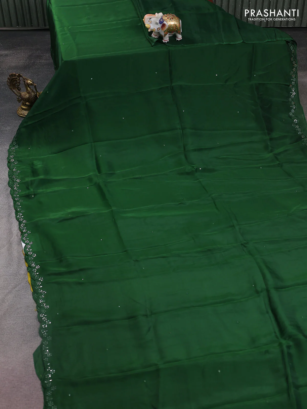 Satin crepe silk saree green and mustard yellow with allover mirror work and ajrakh printed blouse - Image 2