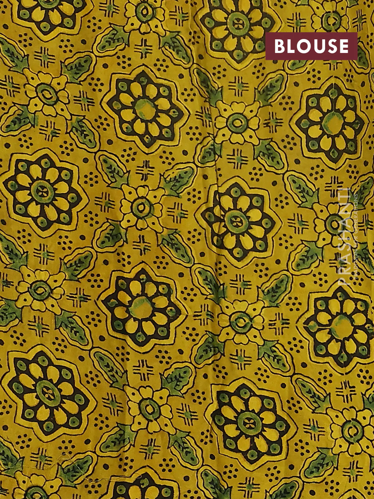 Satin crepe silk saree green and mustard yellow with allover mirror work and ajrakh printed blouse - Image 3
