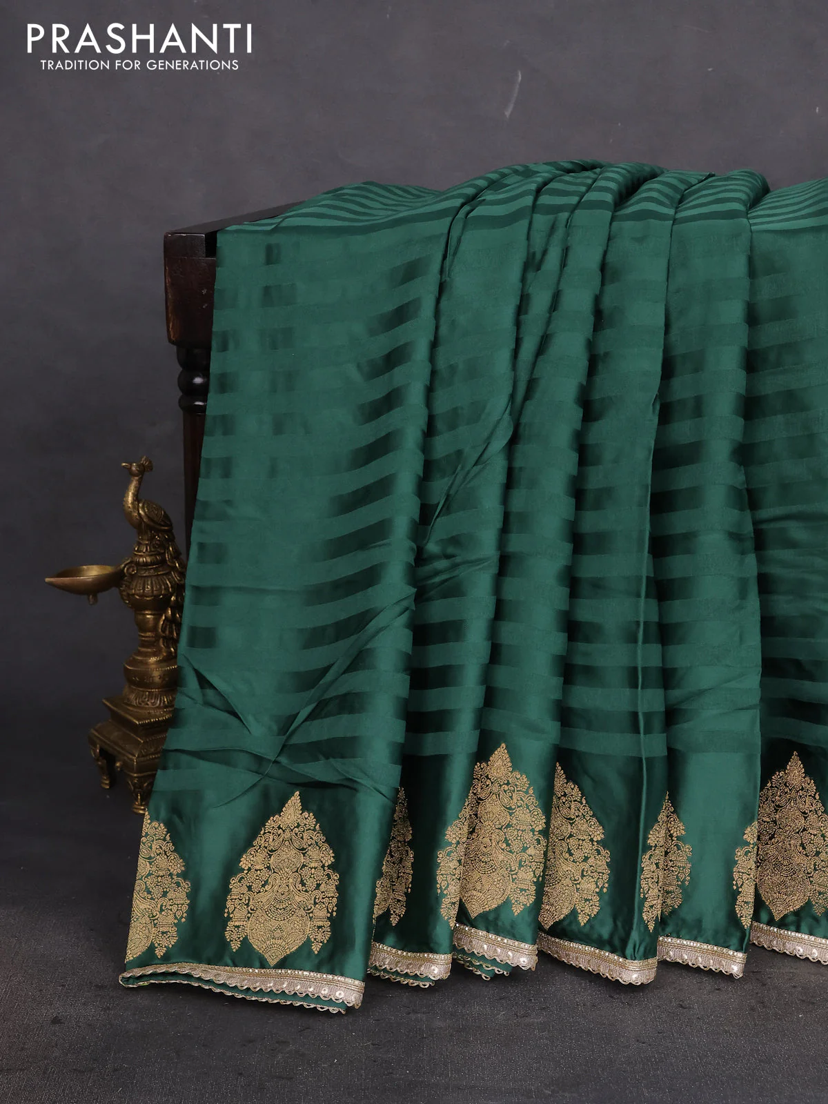 Satin crepe silk saree green with plain body and zari butta border & rich zari pallu - Image 2